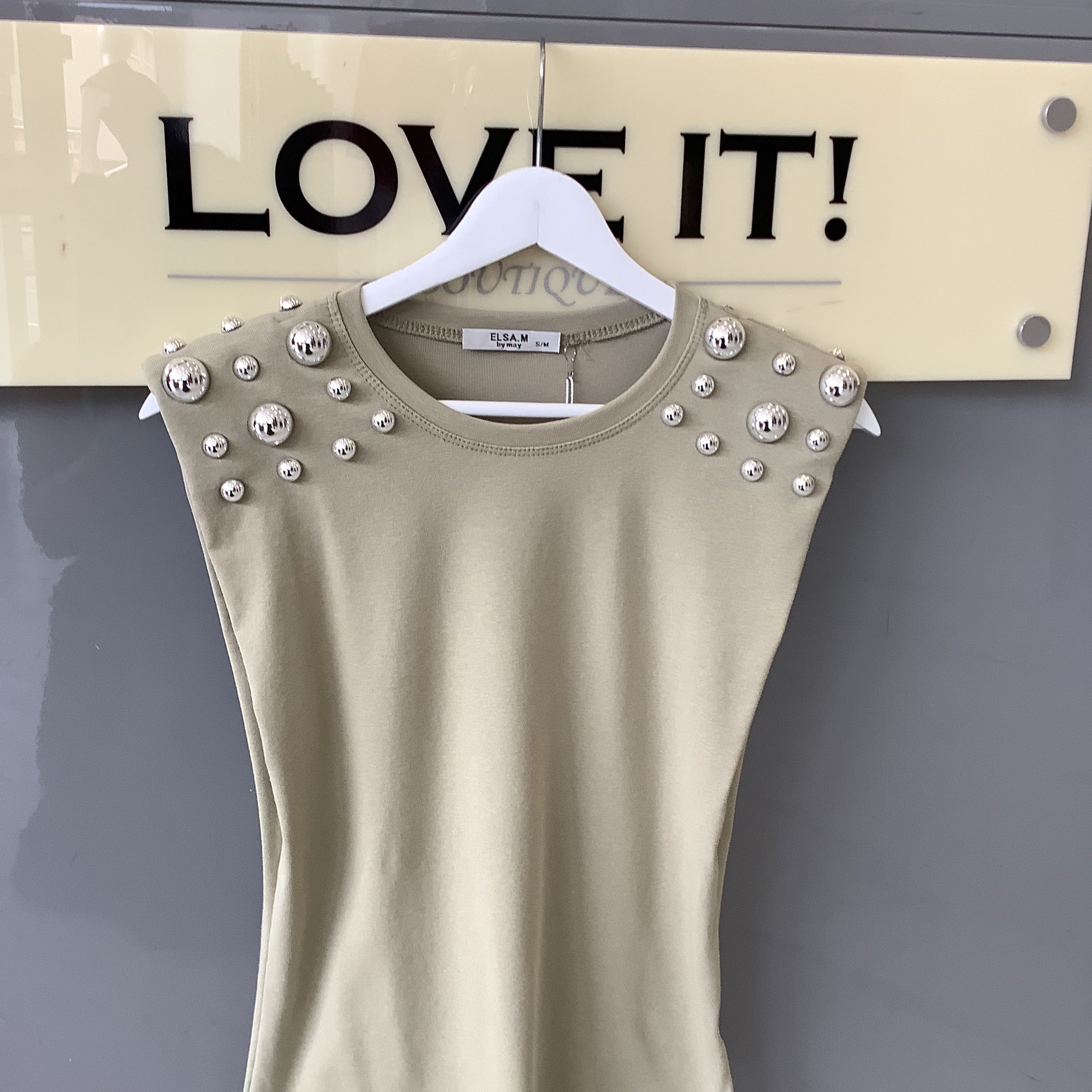 “Simone” Studded Tee with Shoulder Pads