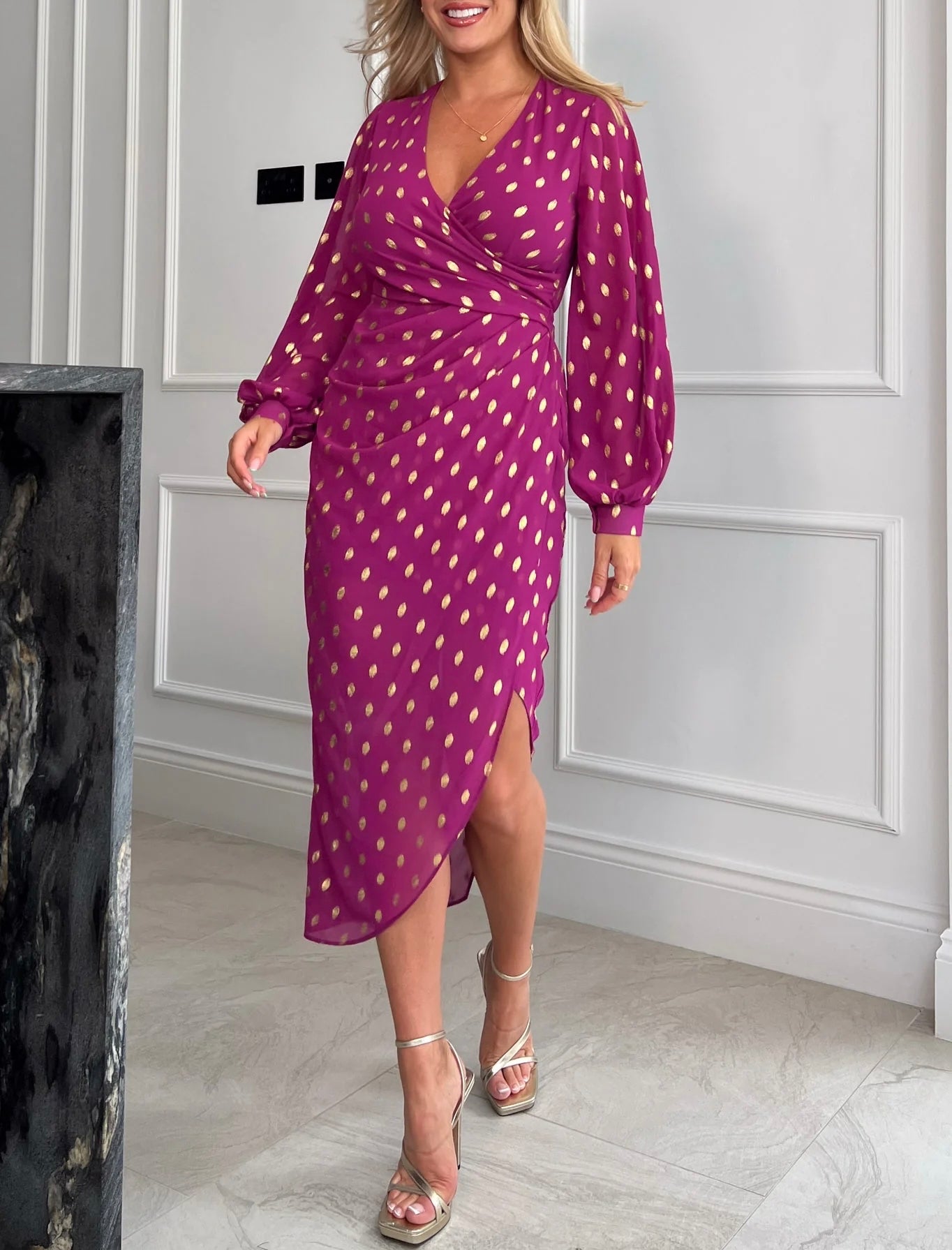 “Ellie” Asymmetrical Foil Wrap Dress