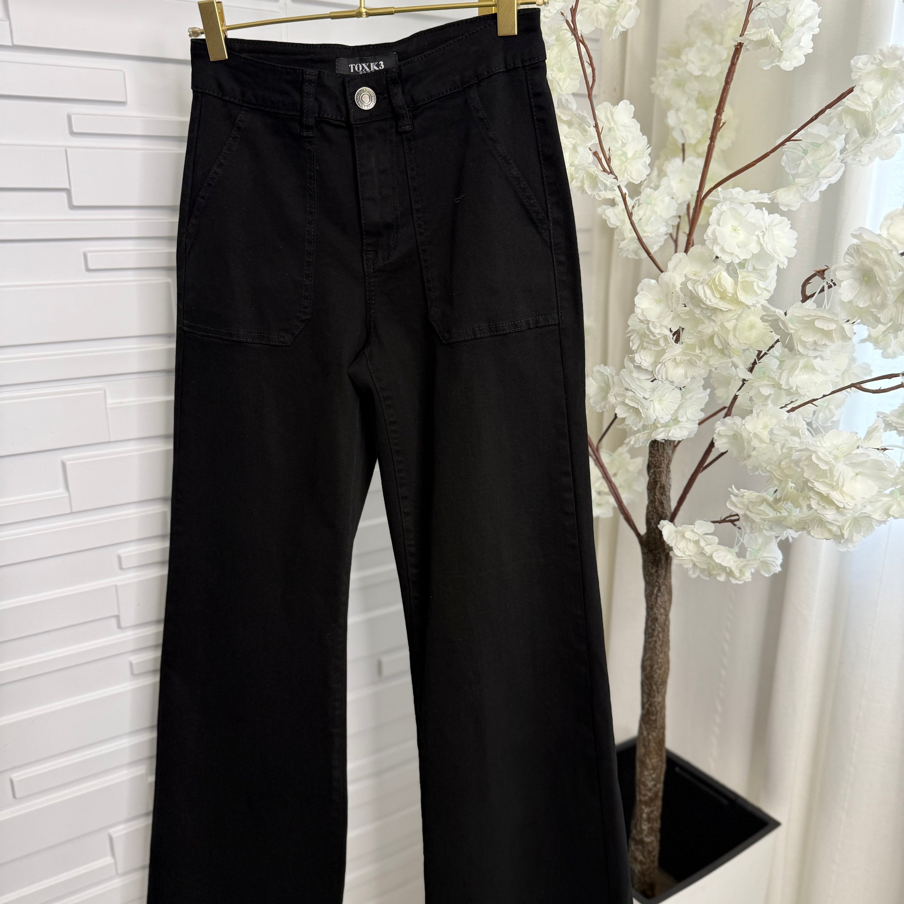 “Toxic” Black Patch Pocket Wide Leg Jeans