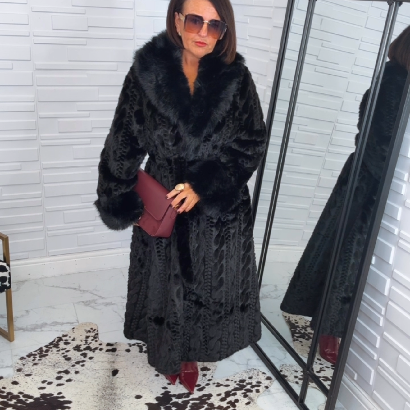 “Mitzy” Long Cable Design Fur Coat with Collar (Pre-Order)