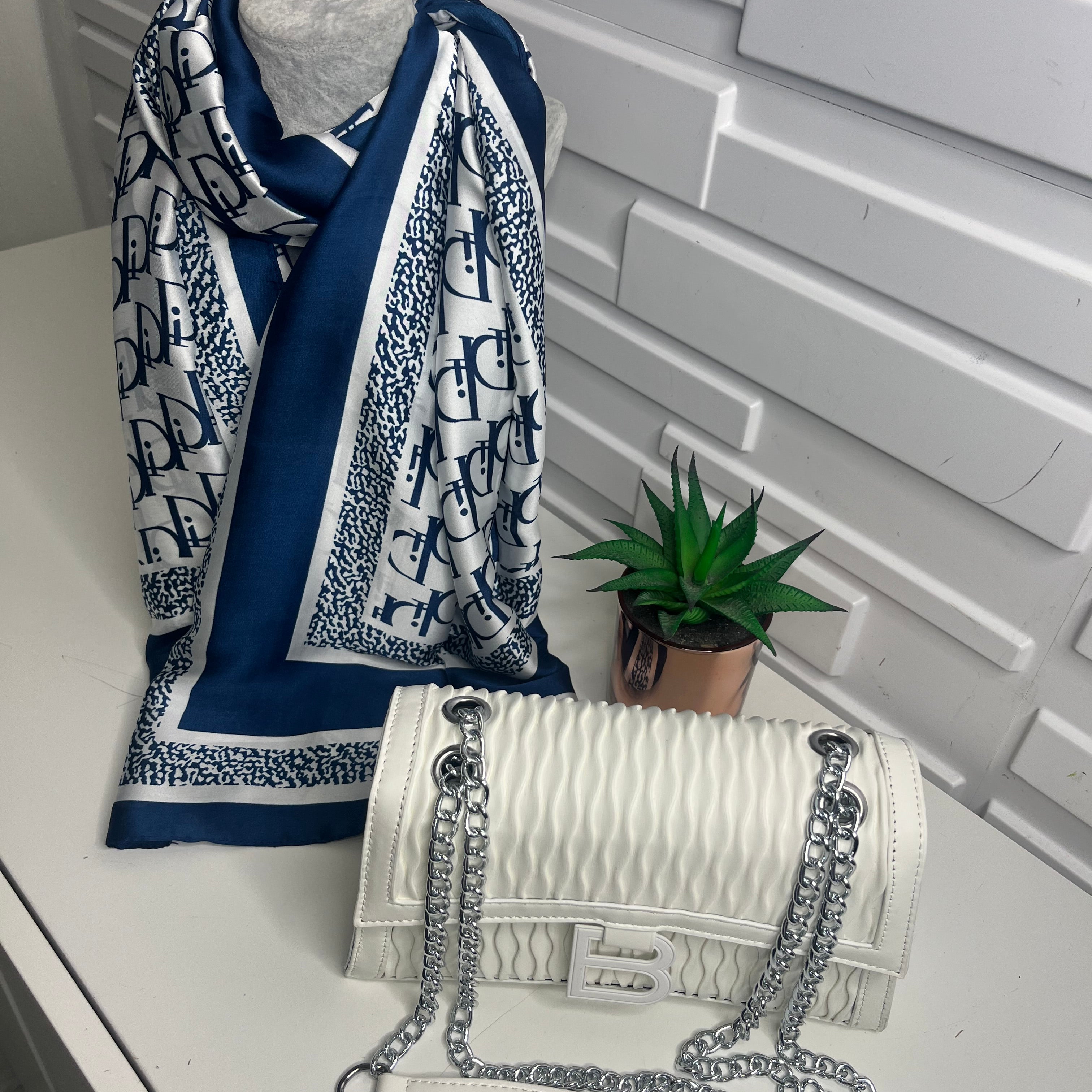 Navy and White Silk Feel Scarf
