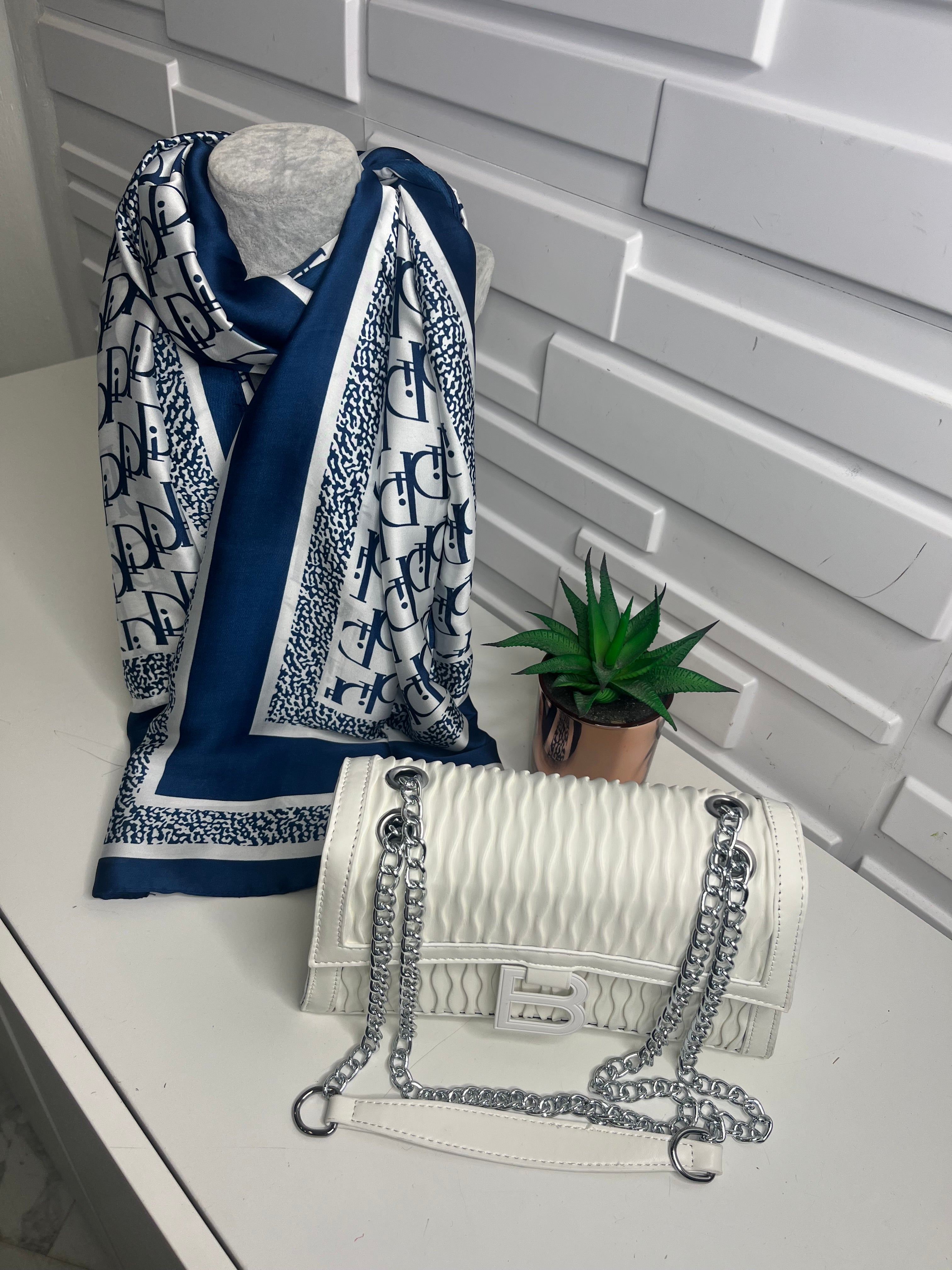 Navy and White Silk Feel Scarf
