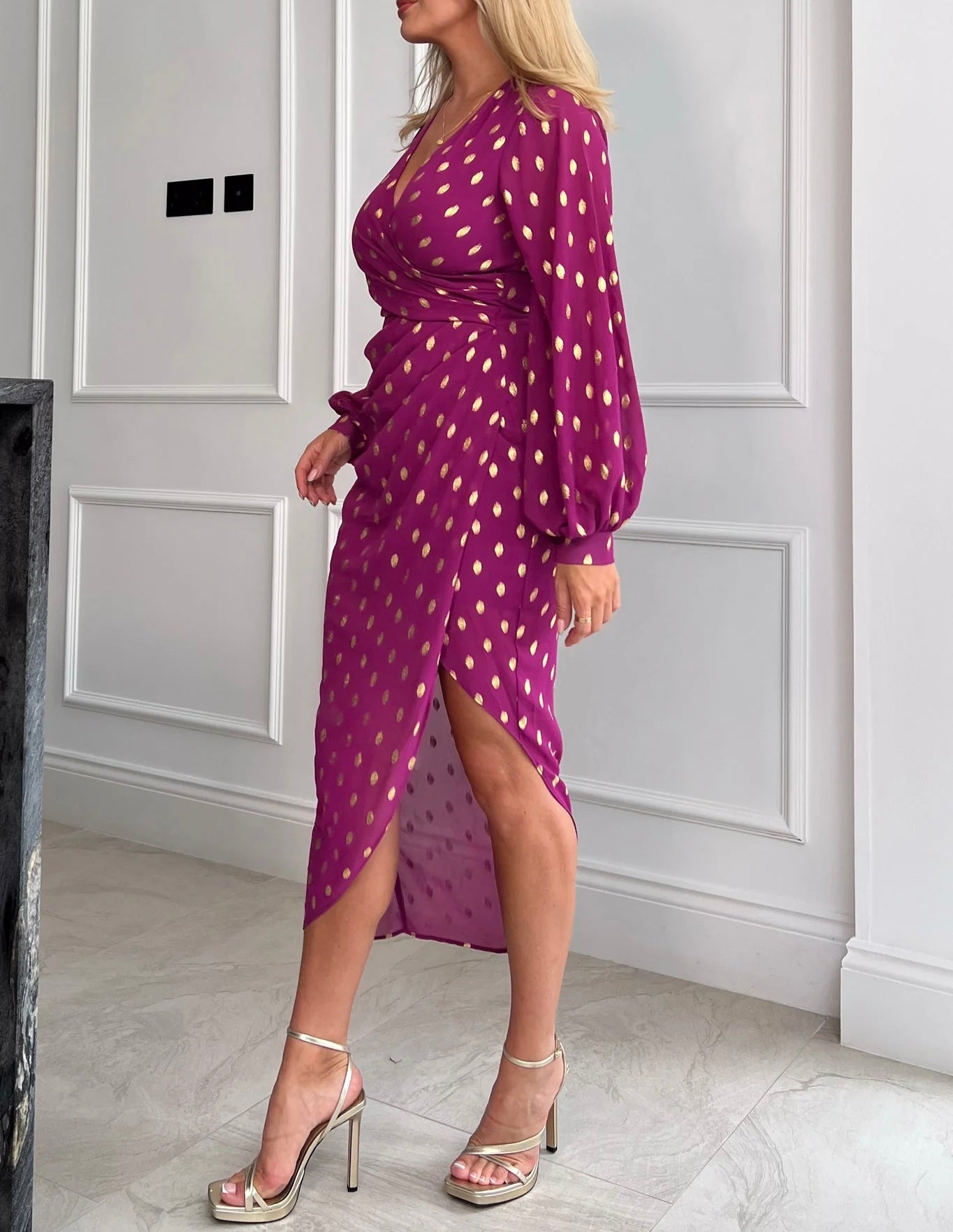 “Ellie” Asymmetrical Foil Wrap Dress
