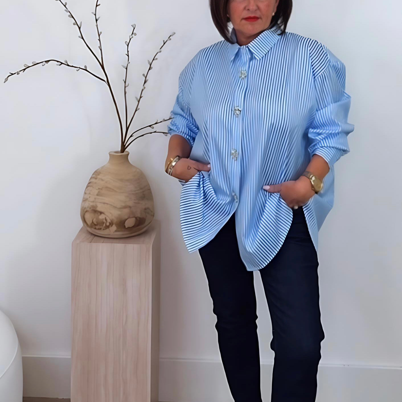 Oversized Stripe Shirt with Diamonte Buttons