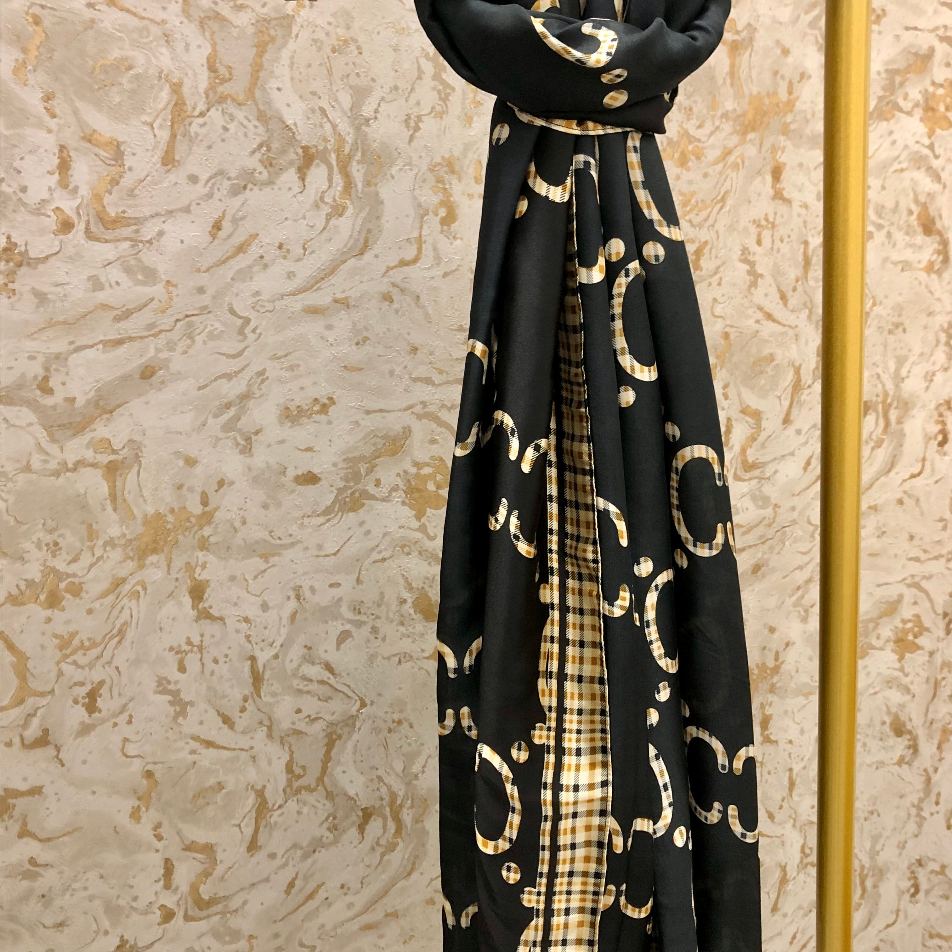 “Cheryl” Black Print Silk Mix Scarf