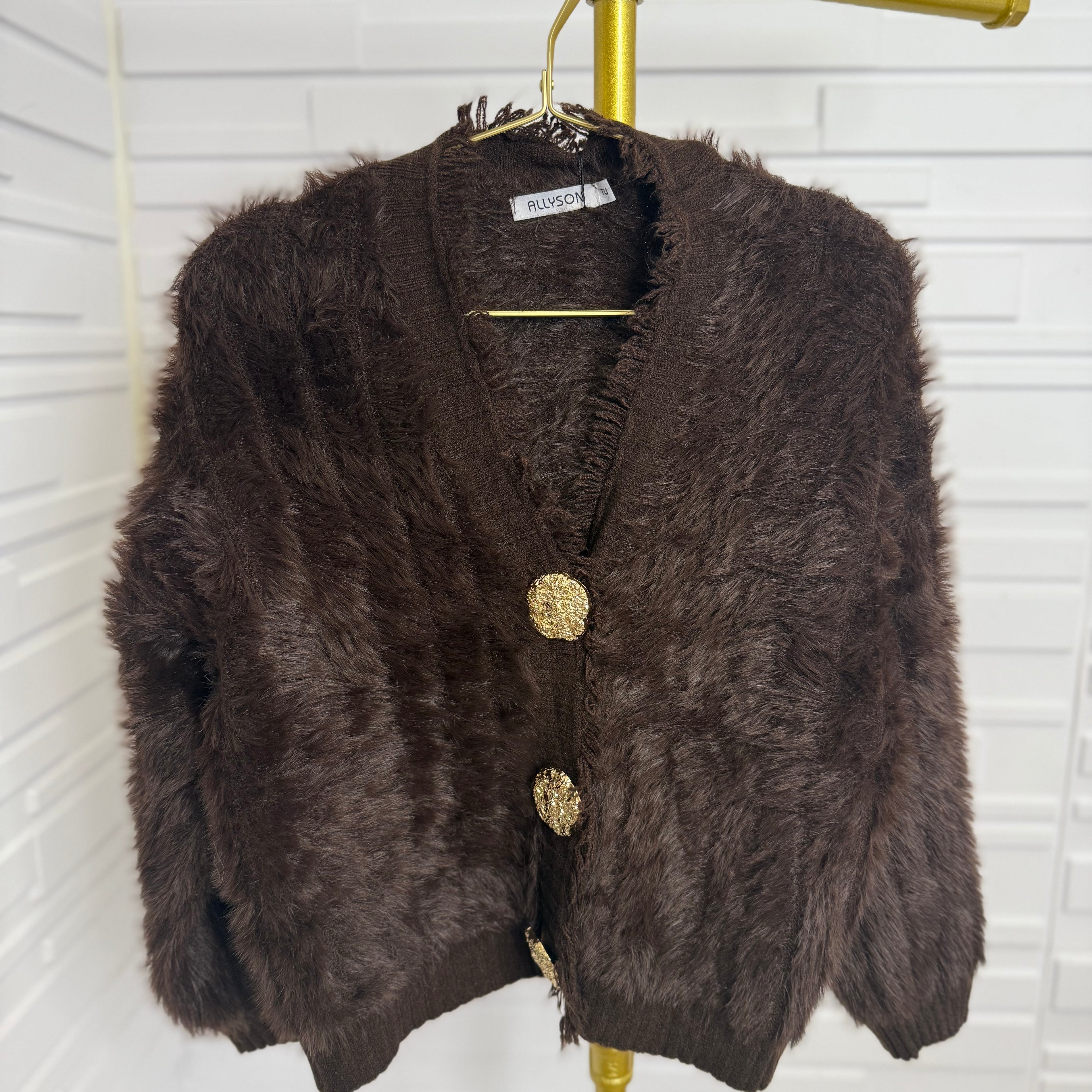 “Frankie” Fur Cardi with Gold Button Detail