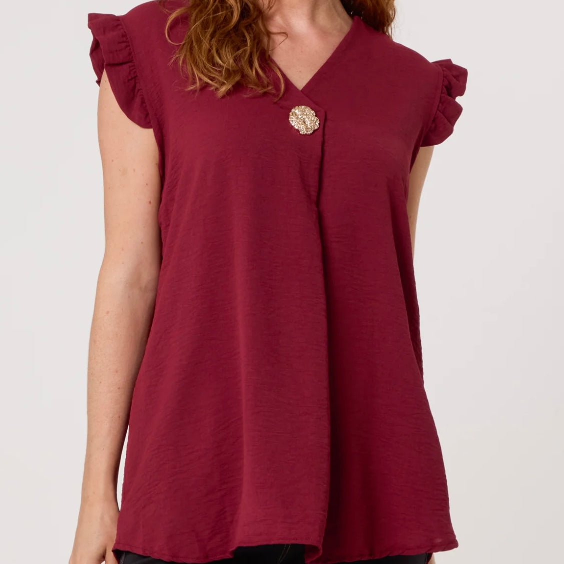 “Evie” Frill Sleeve Top with Gold Button Detail
