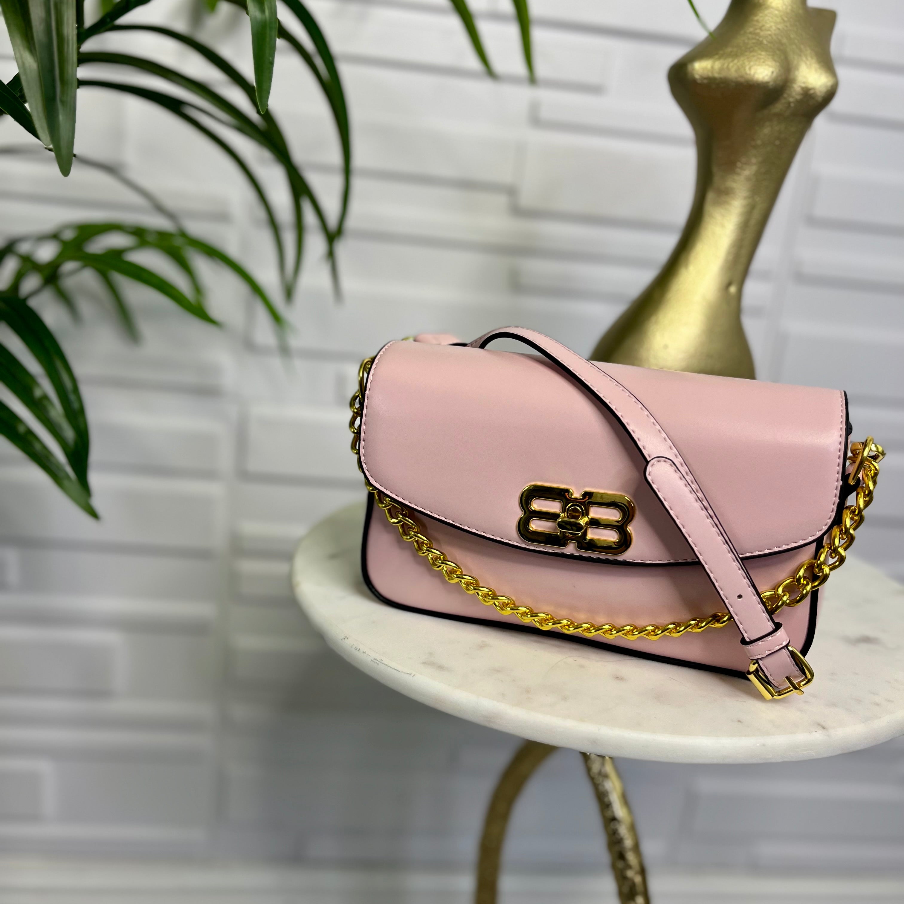 Pink Bag With Gold Chain and Cross Body Body Strap