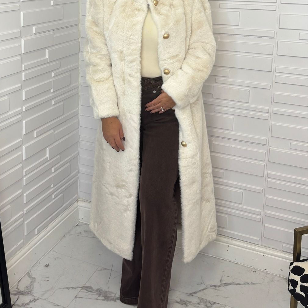 “Crystal” Long Cream Collarless Fur Coat with Gold Buttons (Pre-Order)