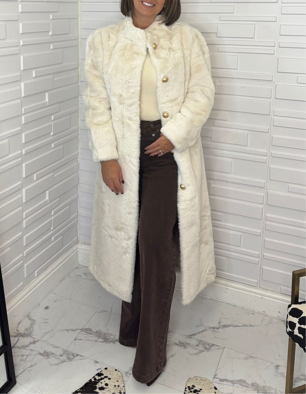“Crystal” Long Cream Collarless Fur Coat with Gold Buttons (Pre-Order)