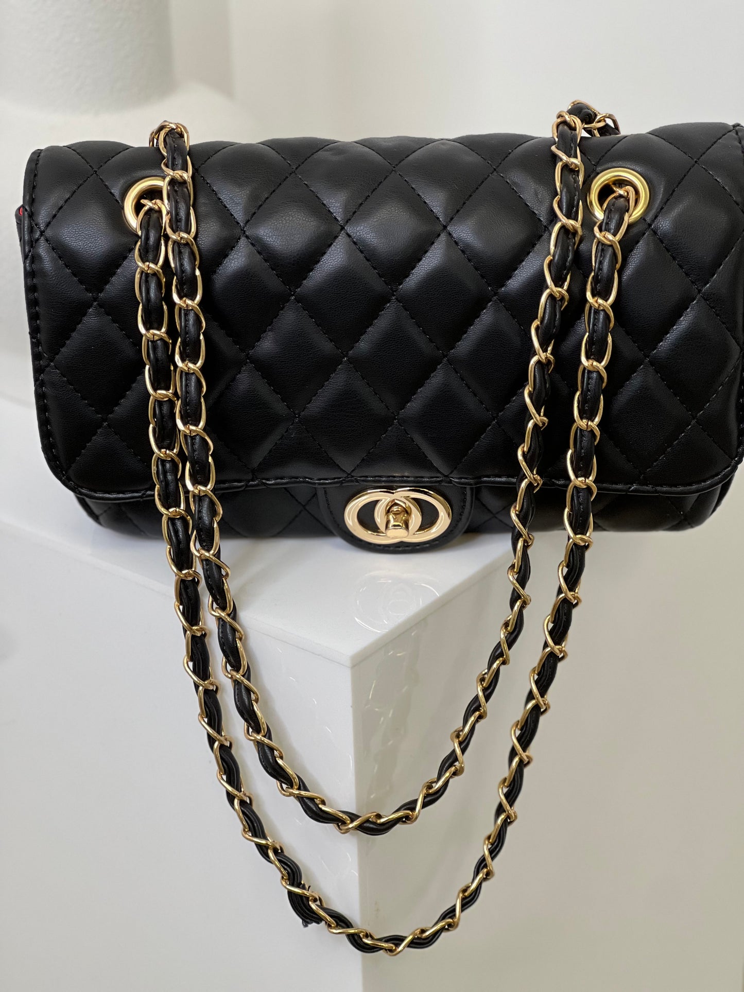 Black Quilted Bag with Gold Chain