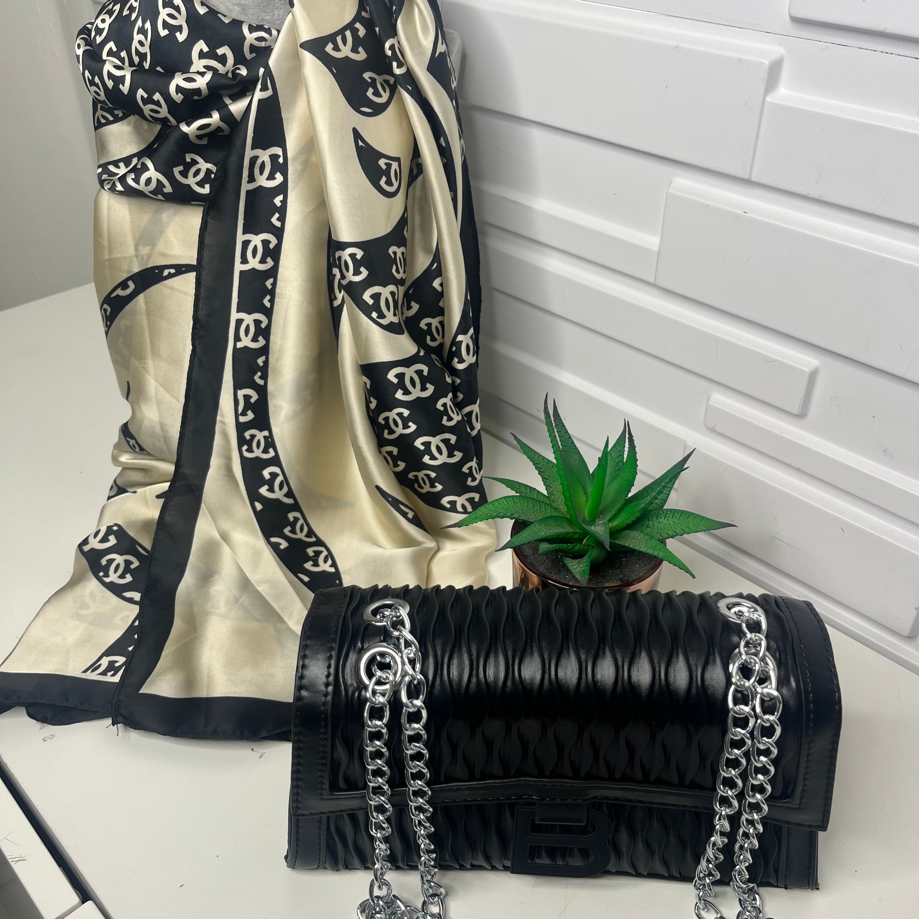 Cream and Black Silk Feel Scarf
