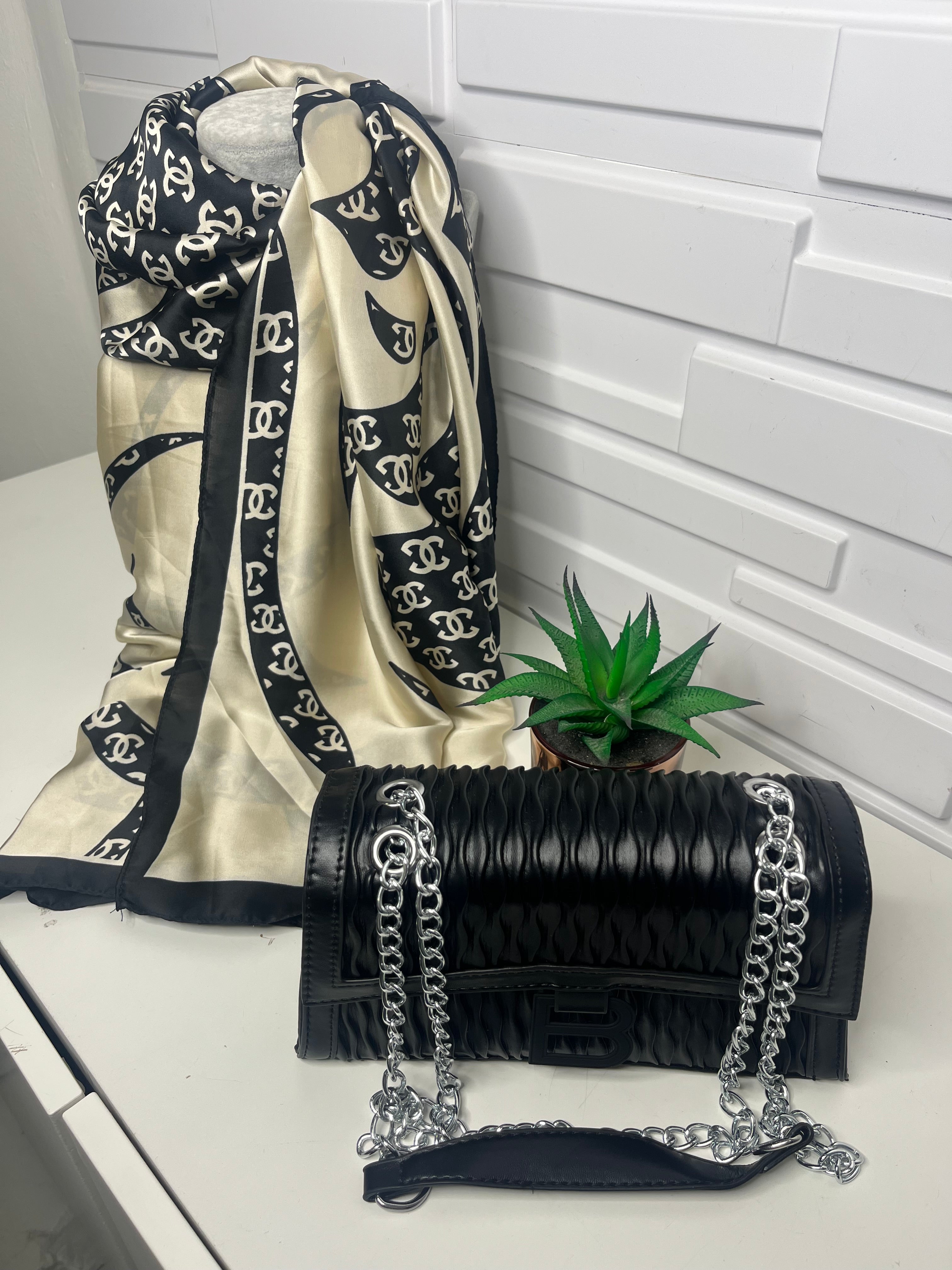 Cream and Black Silk Feel Scarf
