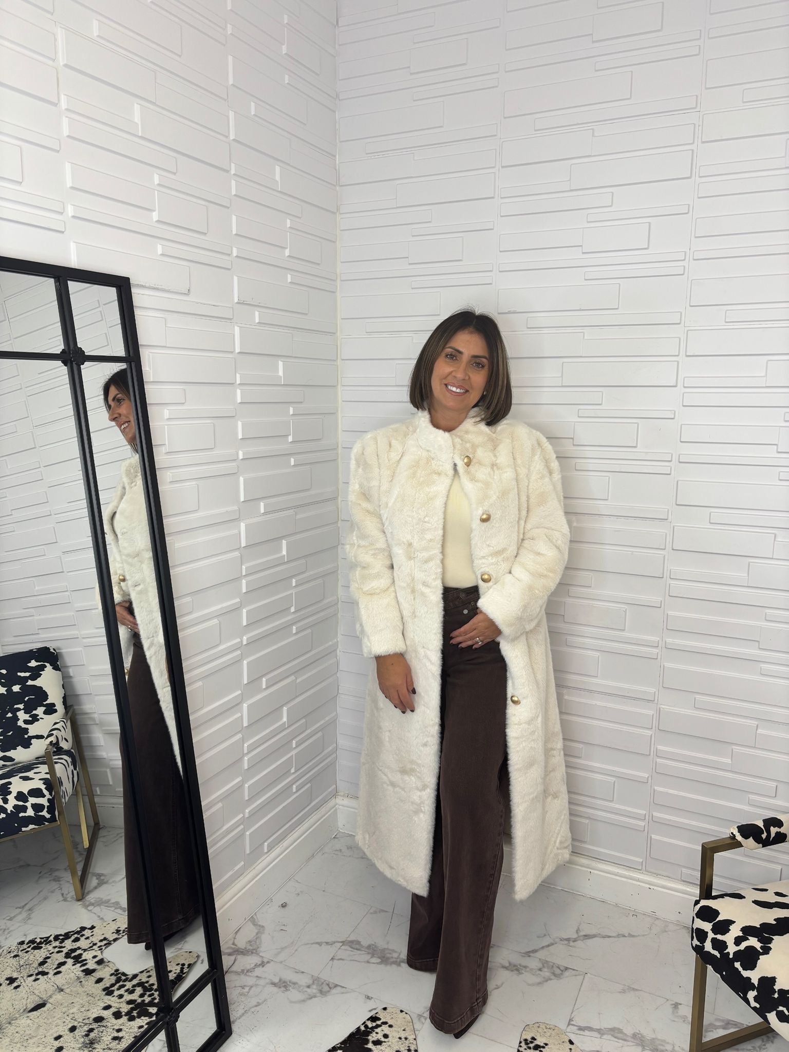 “Crystal” Long Cream Collarless Fur Coat with Gold Buttons (Pre-Order)