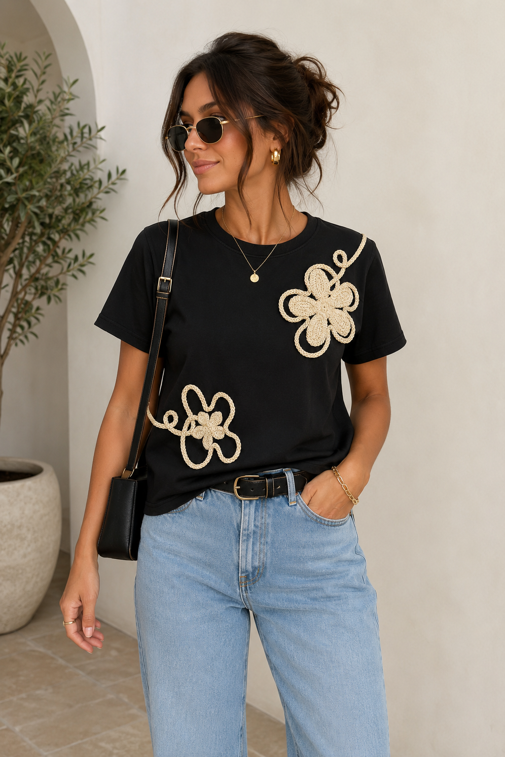 Holly-Floral Crochet Appliqué Tee