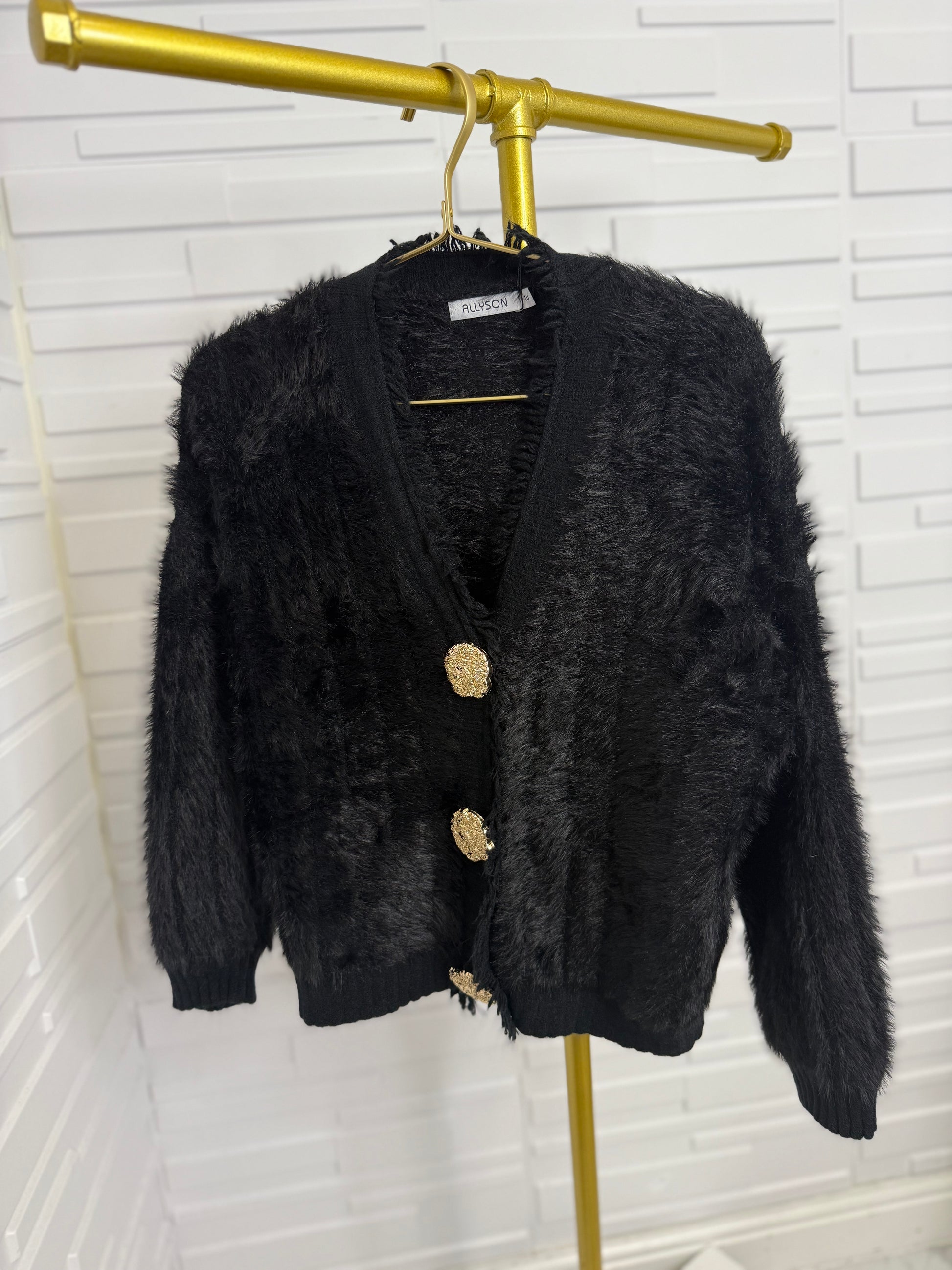 “Frankie” Fur Cardi with Gold Button Detail