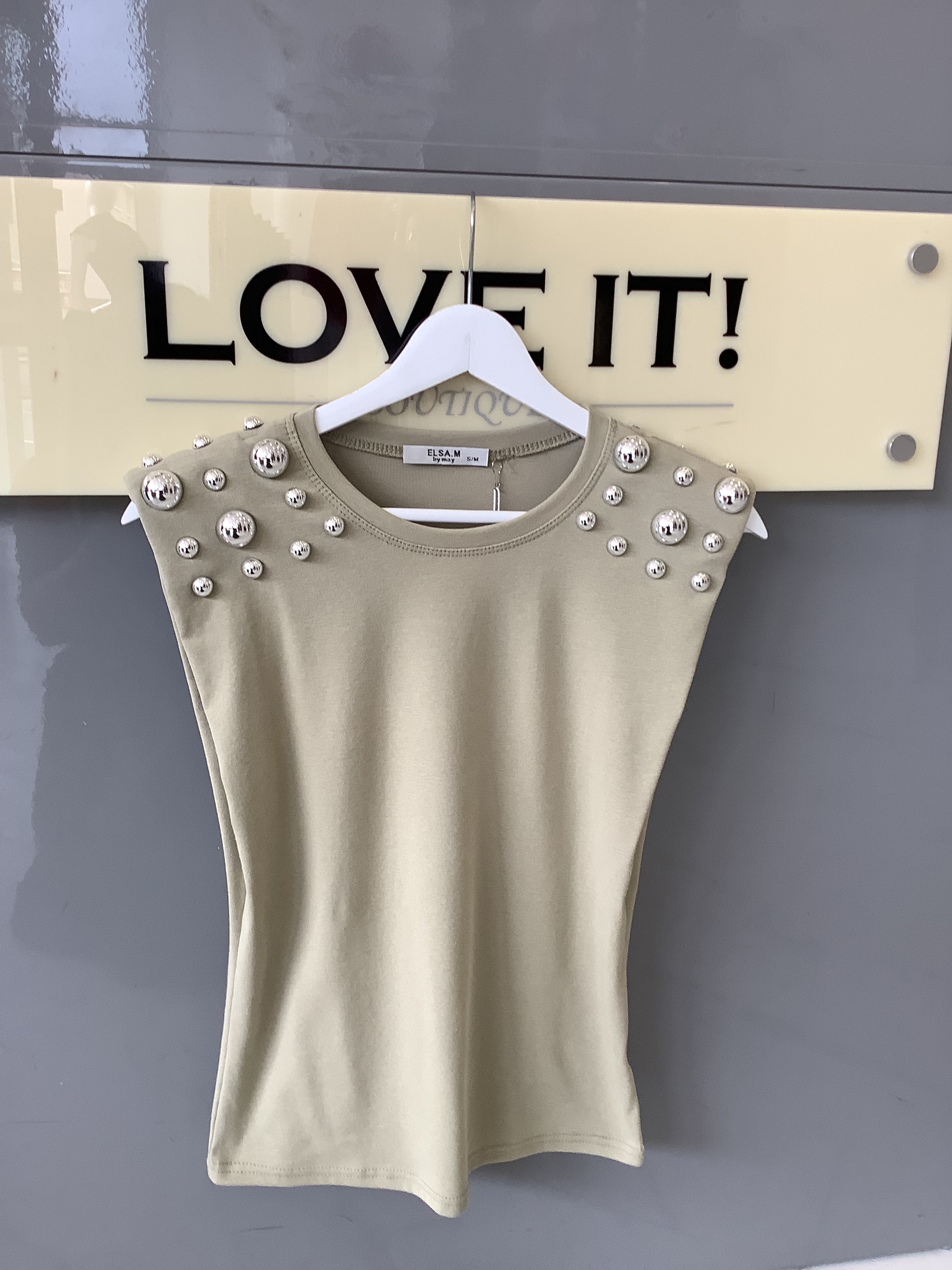 “Simone” Studded Tee with Shoulder Pads