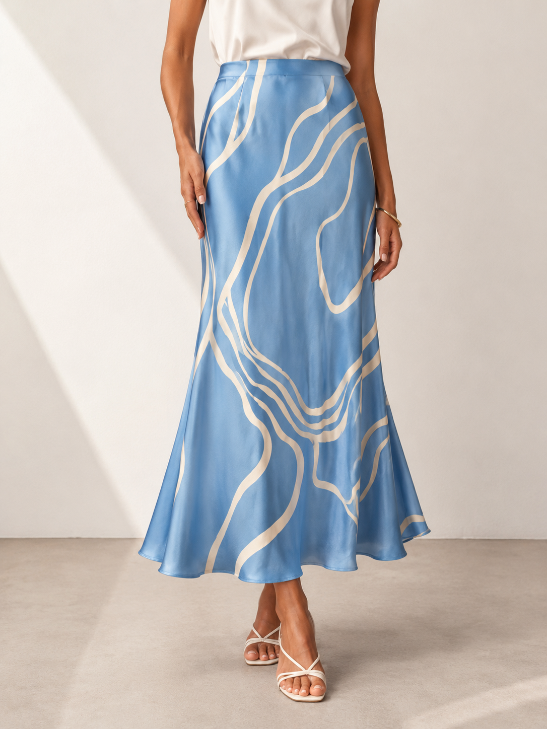 Abby - Abstract Print Satin Bias Cut Midi Skirt