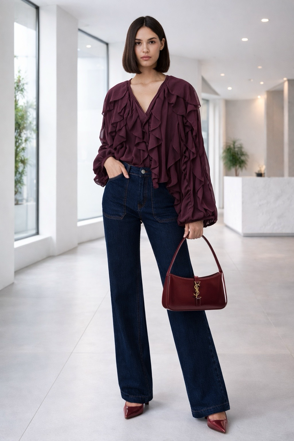 Wine Ruffled Chiffon V-Neck Blouse