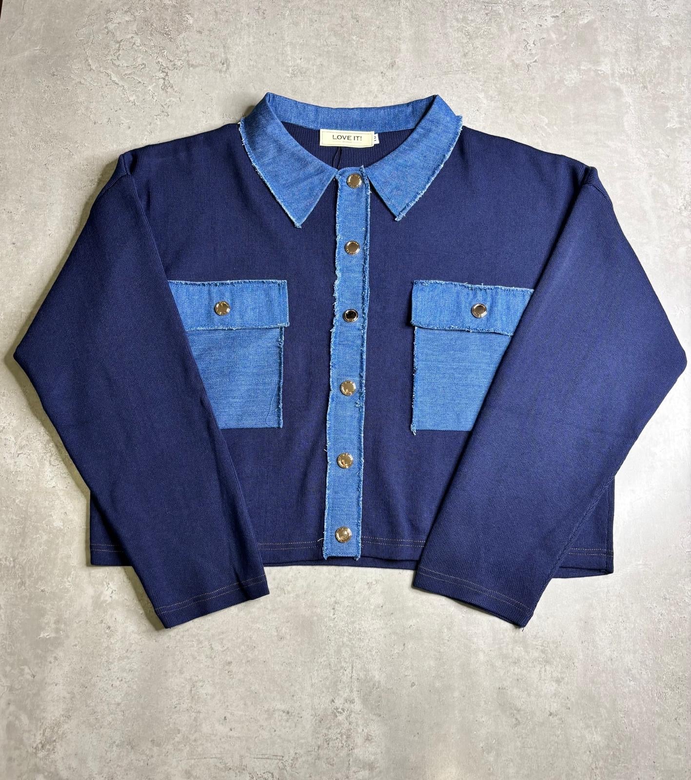 “Dolly” Denim Trim “Box Fit”Fine Knit Top