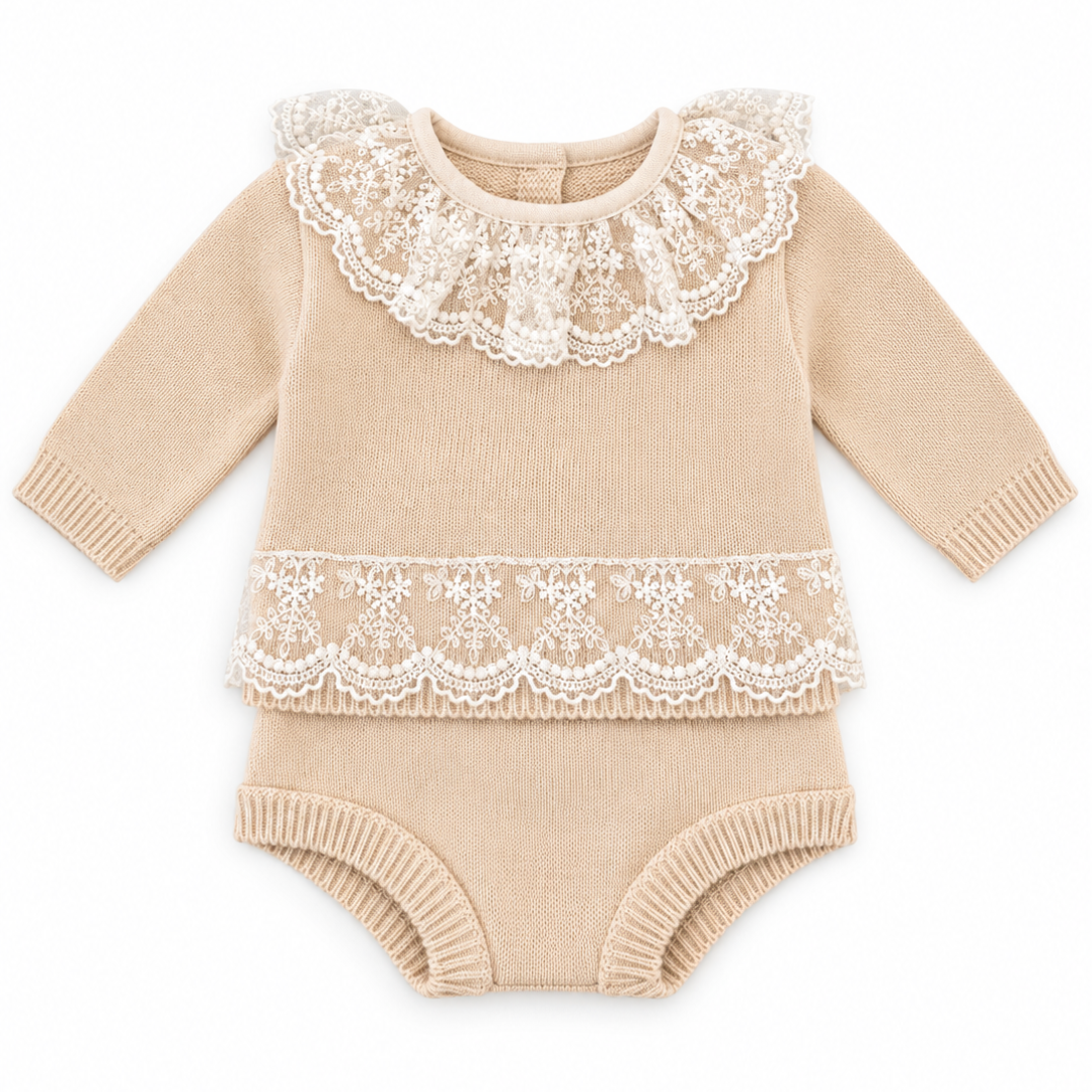 Biscuit Knitted 2pc with Lace Detail