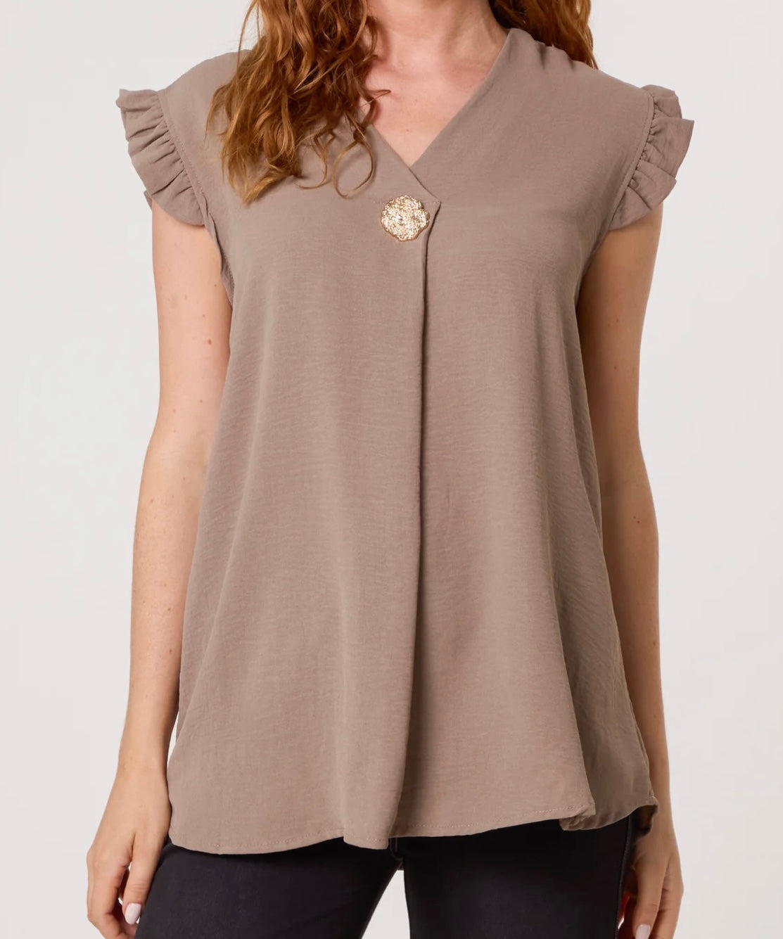 “Evie” Frill Sleeve Top with Gold Button Detail