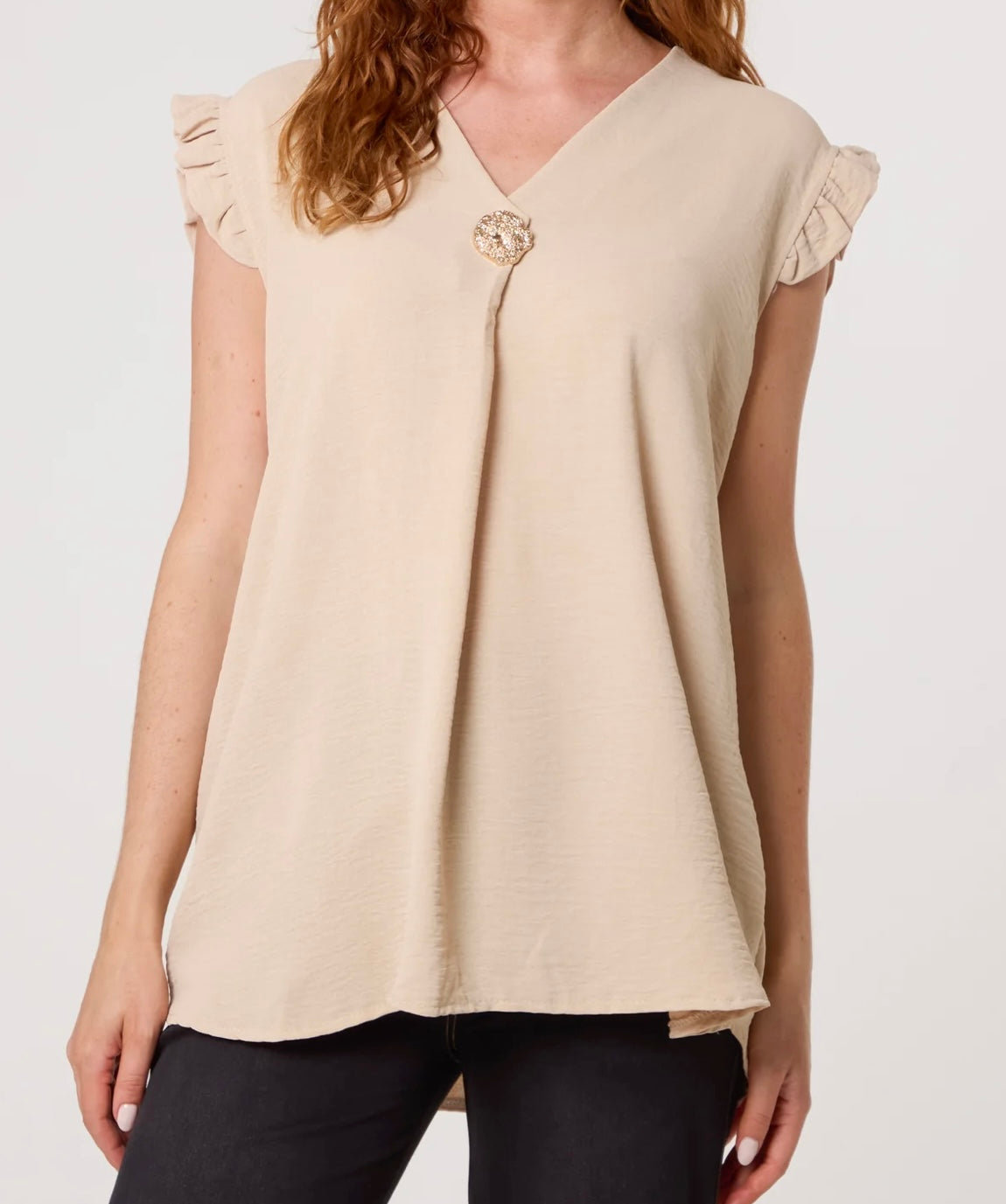 “Evie” Frill Sleeve Top with Gold Button Detail