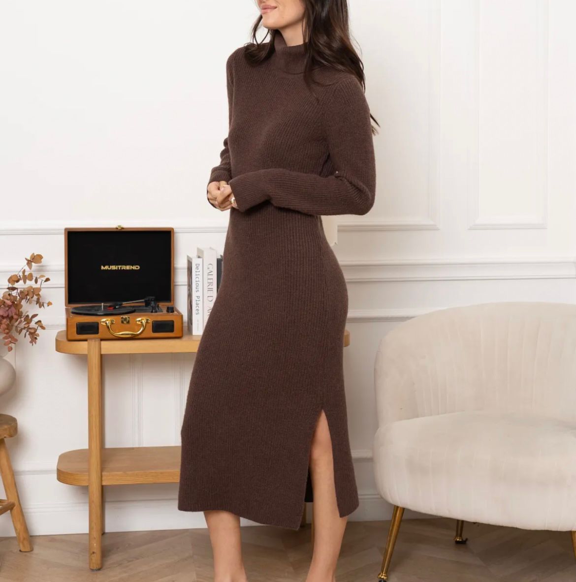 “Beth” Chocolate Luxe Knit MIDI Dress