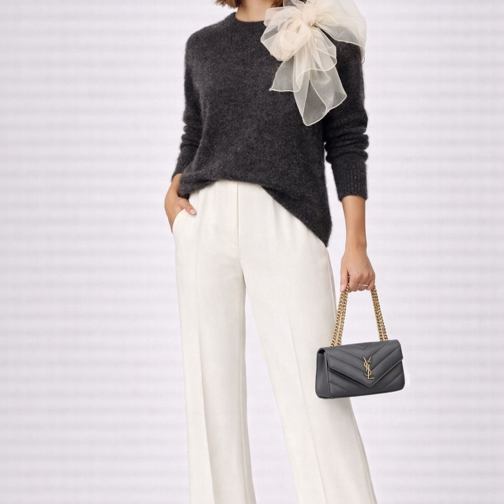 Liza - Grey Knit Jumper with Tulle Scarf Tie