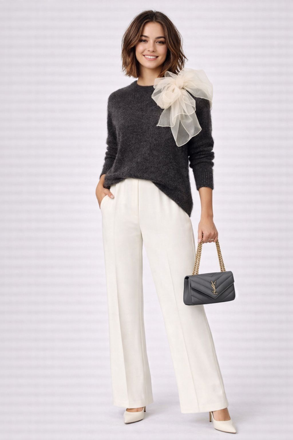 Liza - Grey Knit Jumper with Tulle Scarf Tie