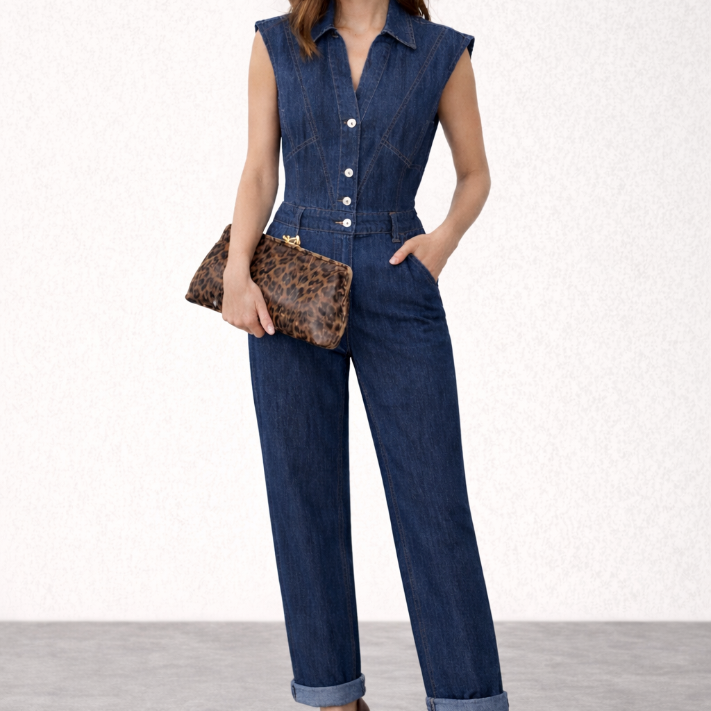 Sleeveless Button-Front Denim Jumpsuit