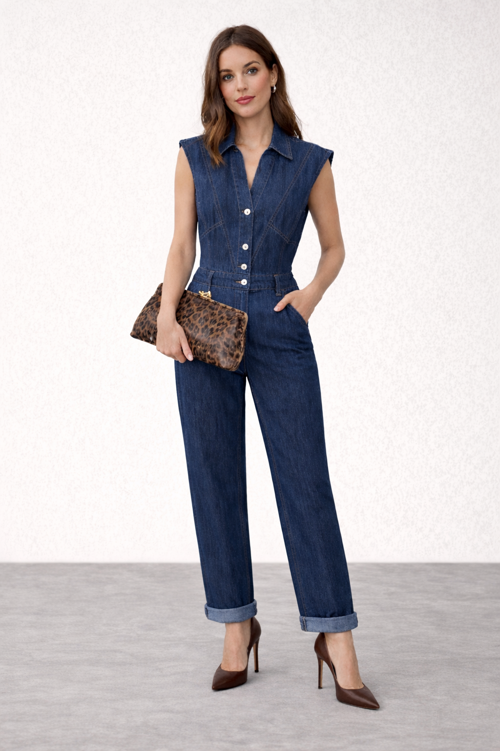 Sleeveless Button-Front Denim Jumpsuit