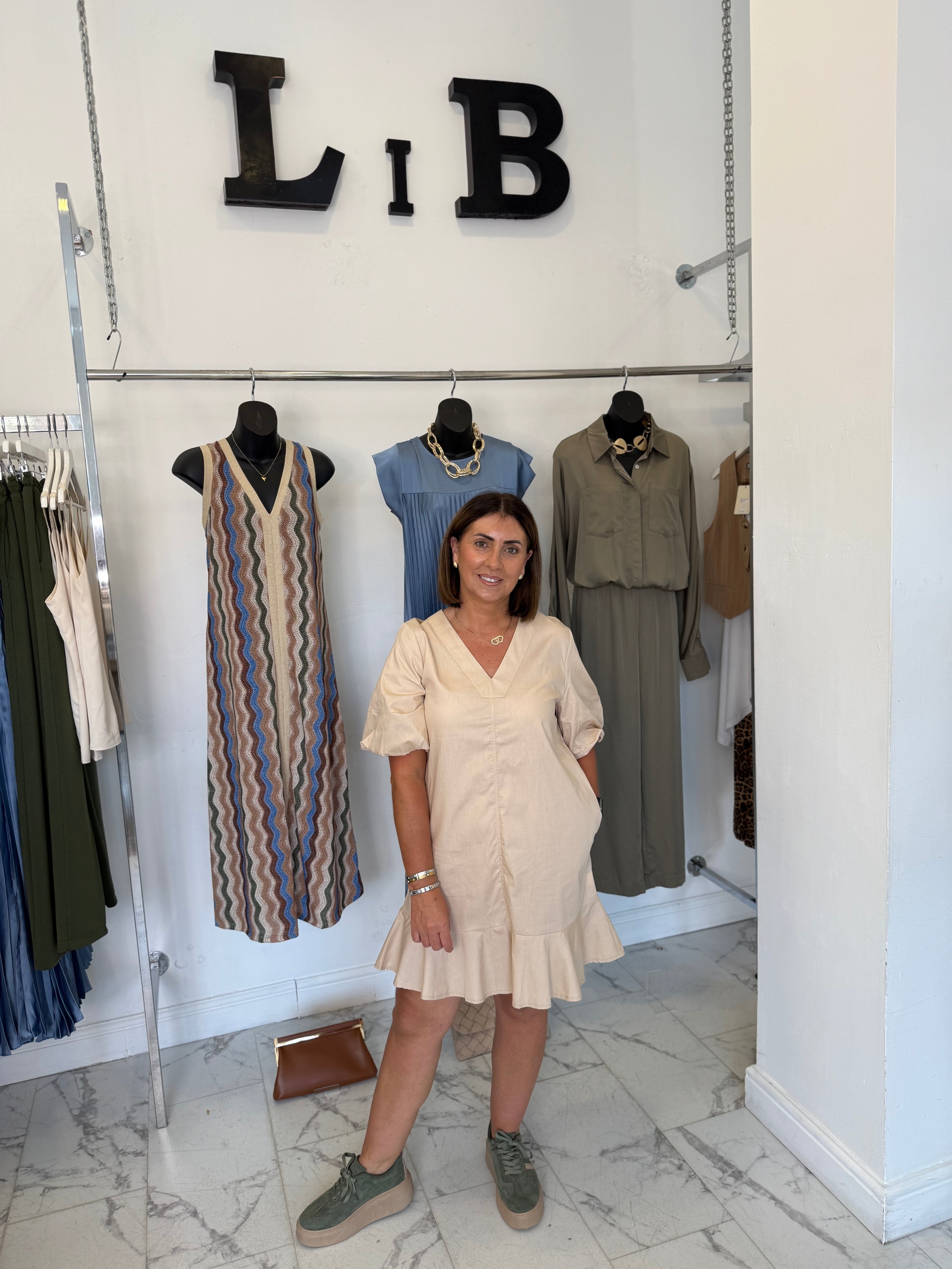 “Jamie” Beige Drop Waist Dress