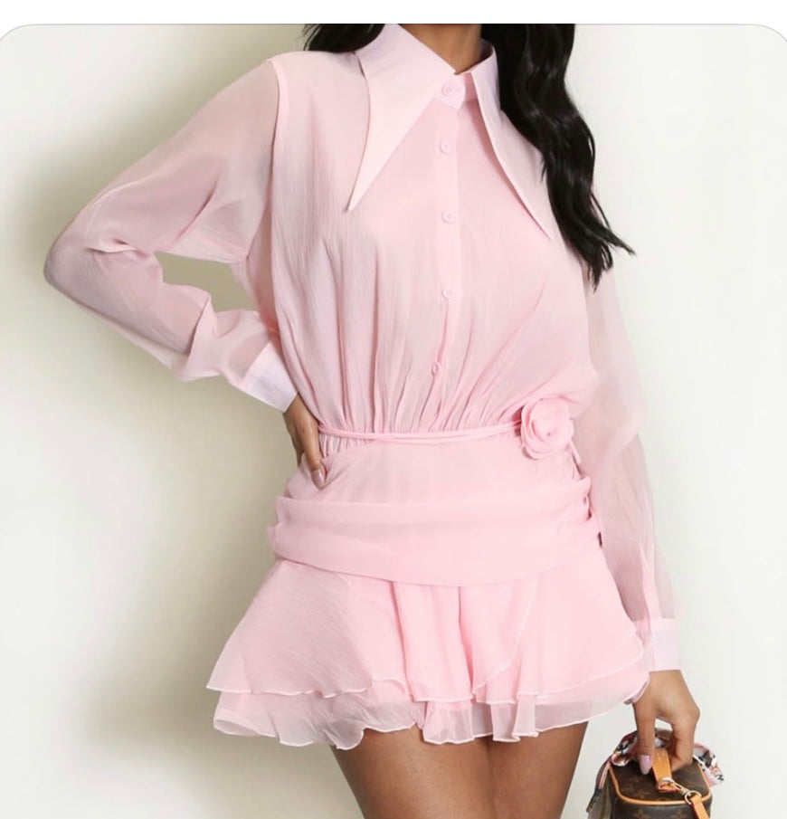 Soft Pink Chiffon Pointed-Collar Mini Dress