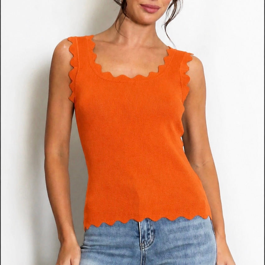 Orange Scalloped Fine Knit Vest Top