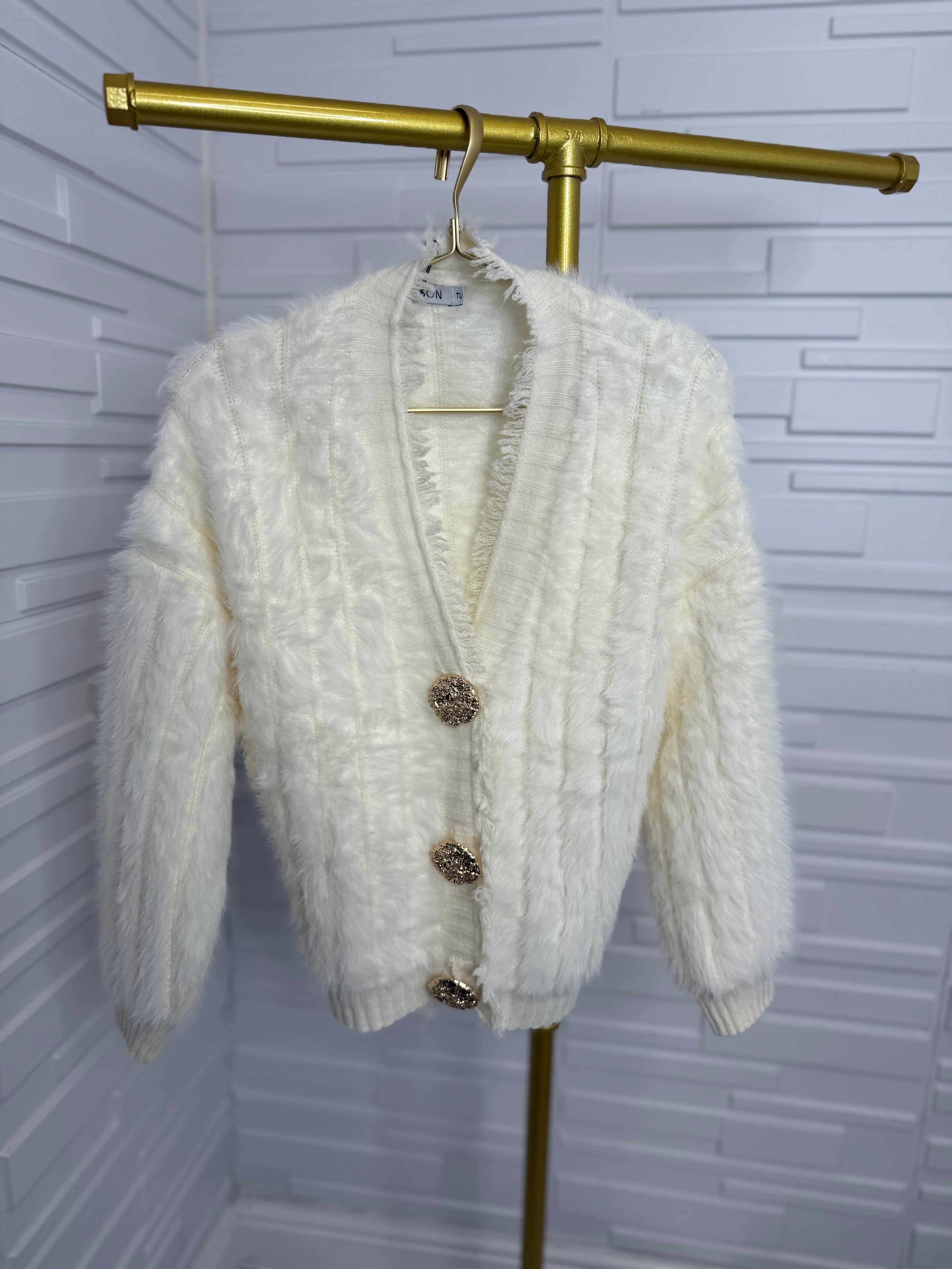 “Frankie” Fur Cardi with Gold Button Detail