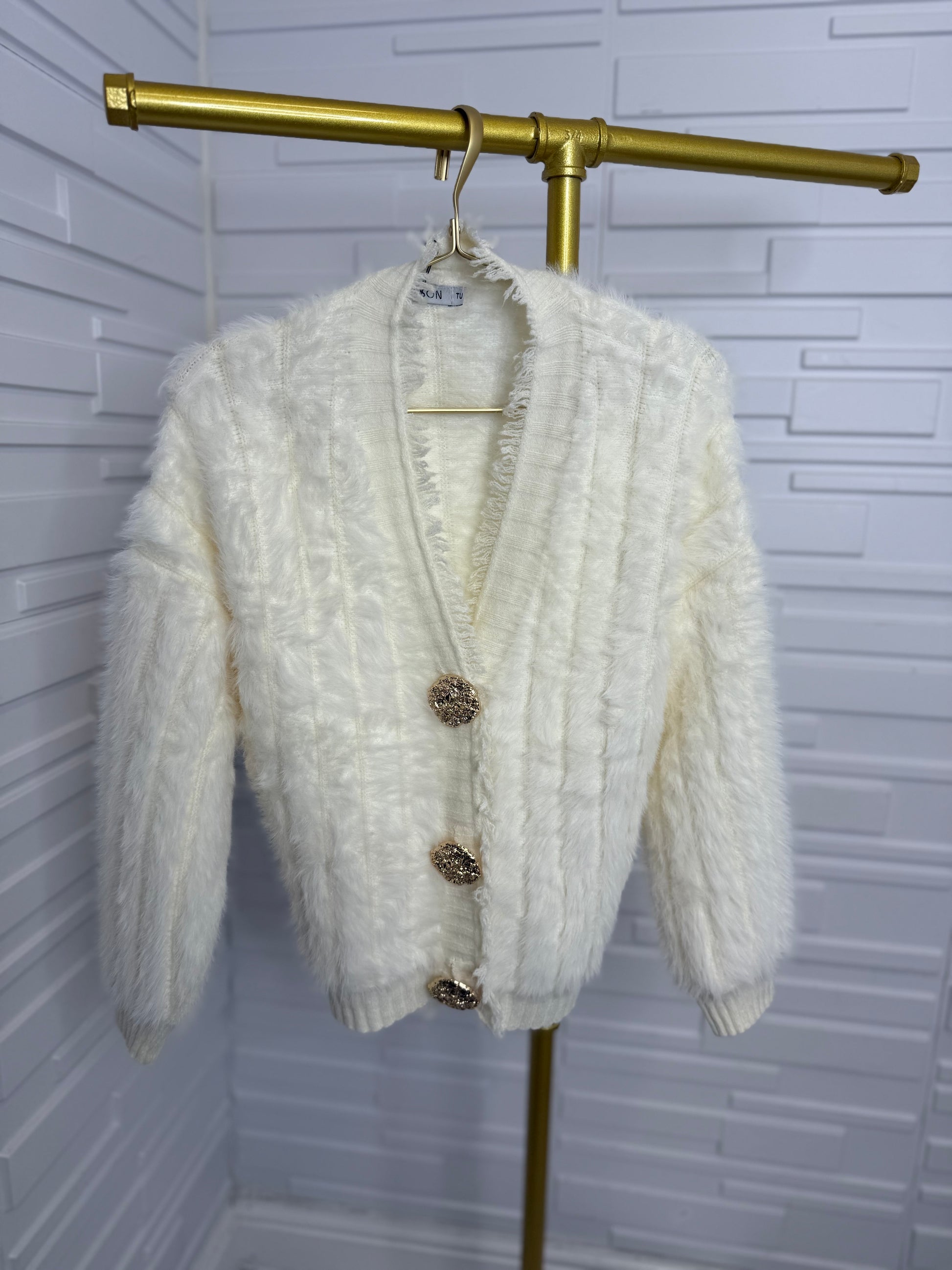 “Frankie” Fur Cardi with Gold Button Detail