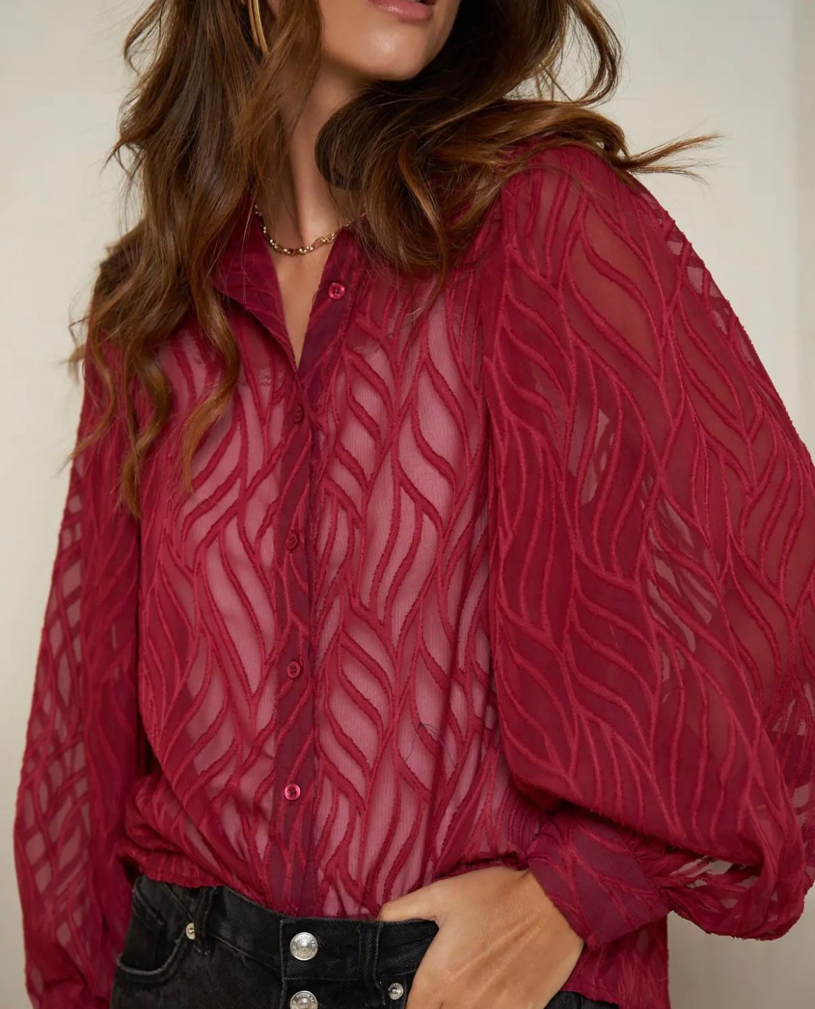 “Polly” Sheer Ballon Sleeve Blouse