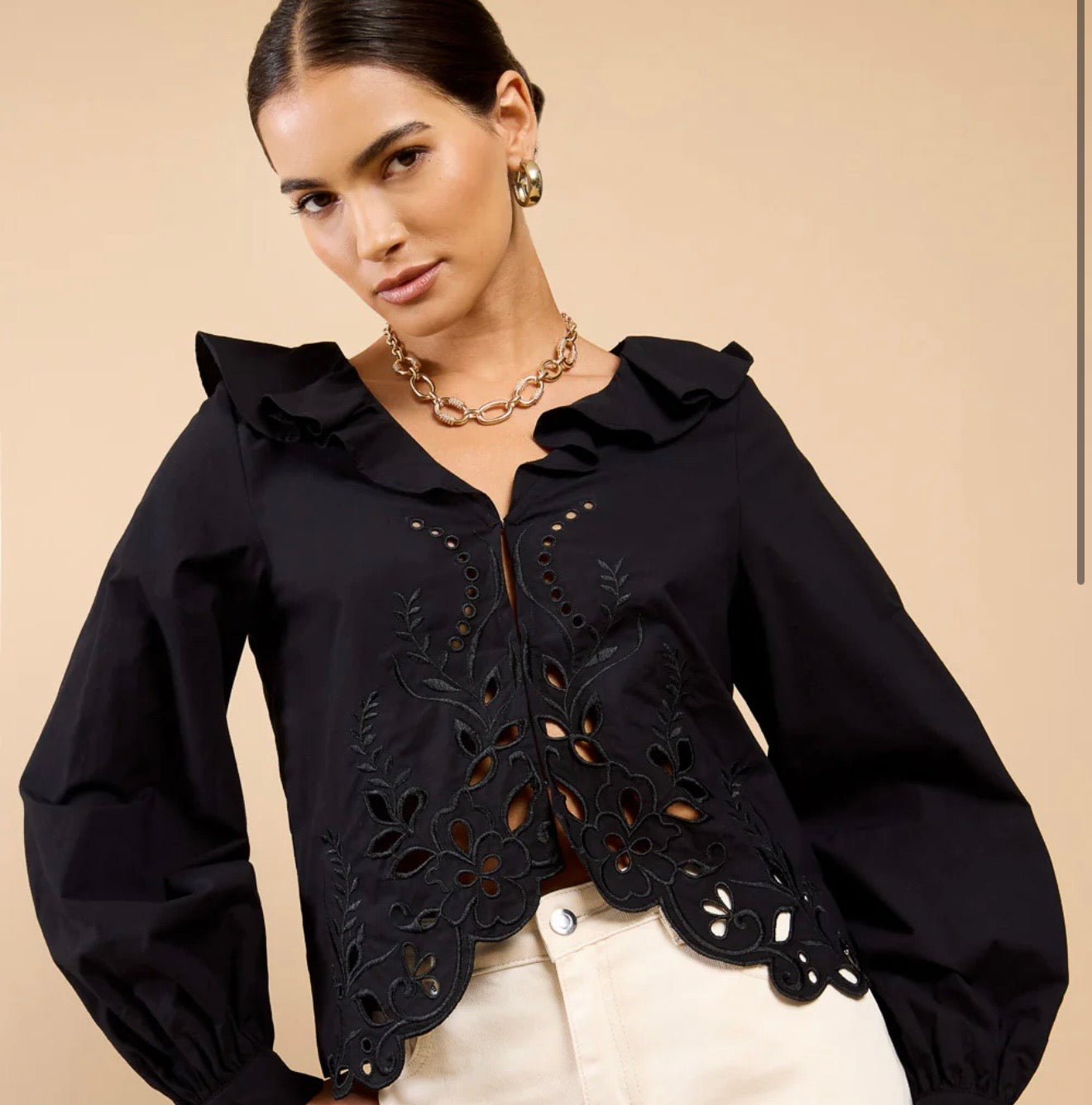 Clio - Black Embroidered Frill Top