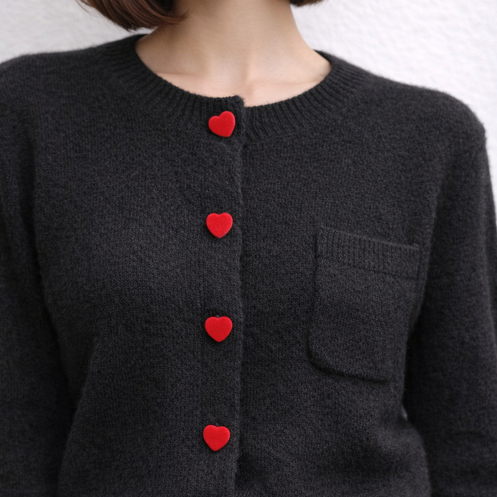 Soft Knit Cardigan with Red Velvet Heart Buttons