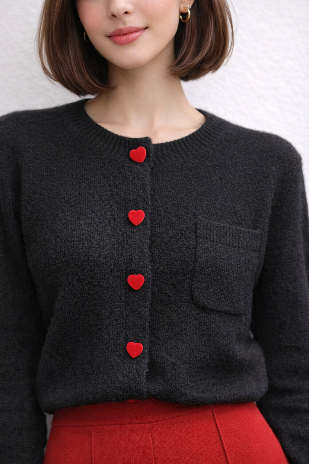 Soft Knit Cardigan with Red Velvet Heart Buttons