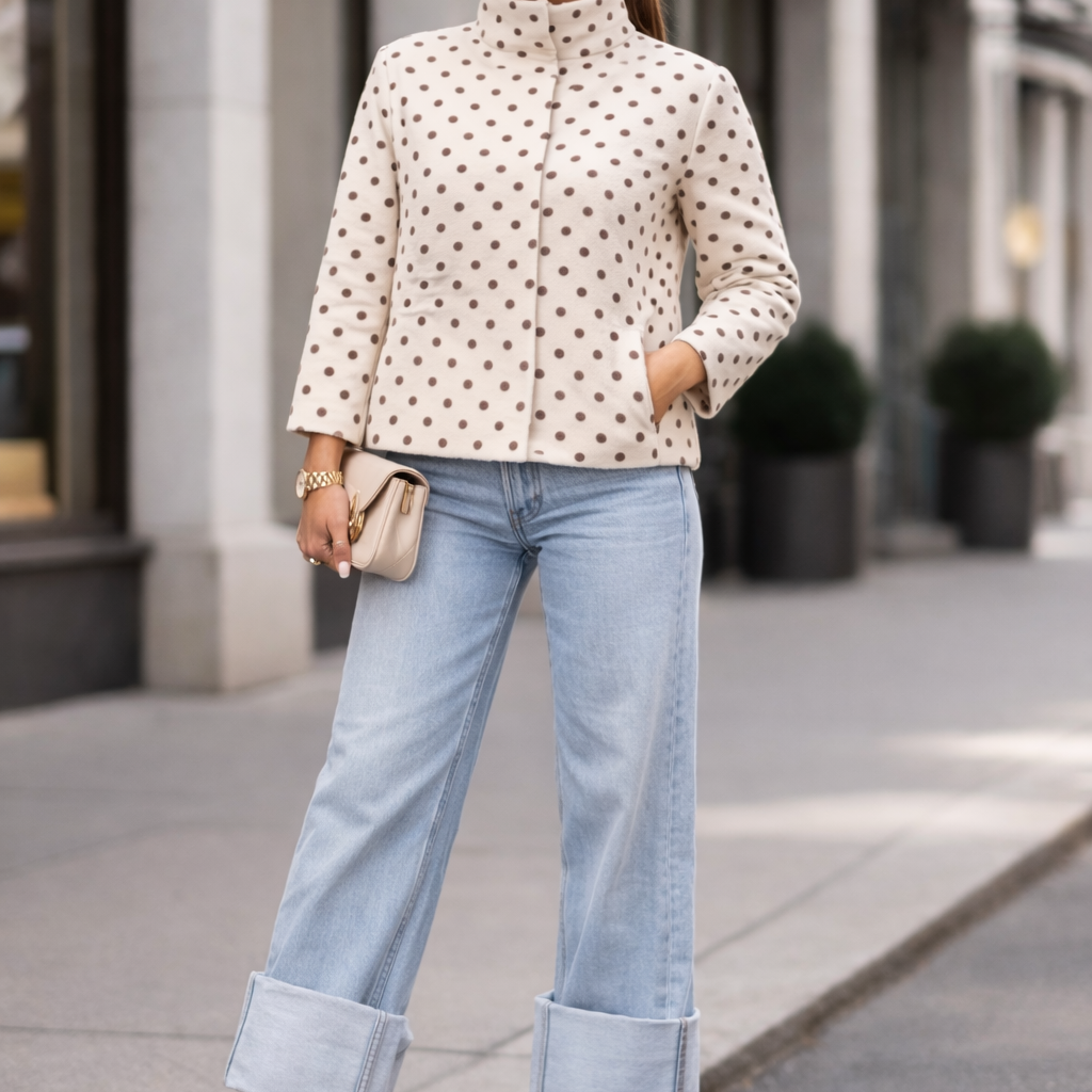 Lois - Polka Dot Funnel Neck Short Jacket