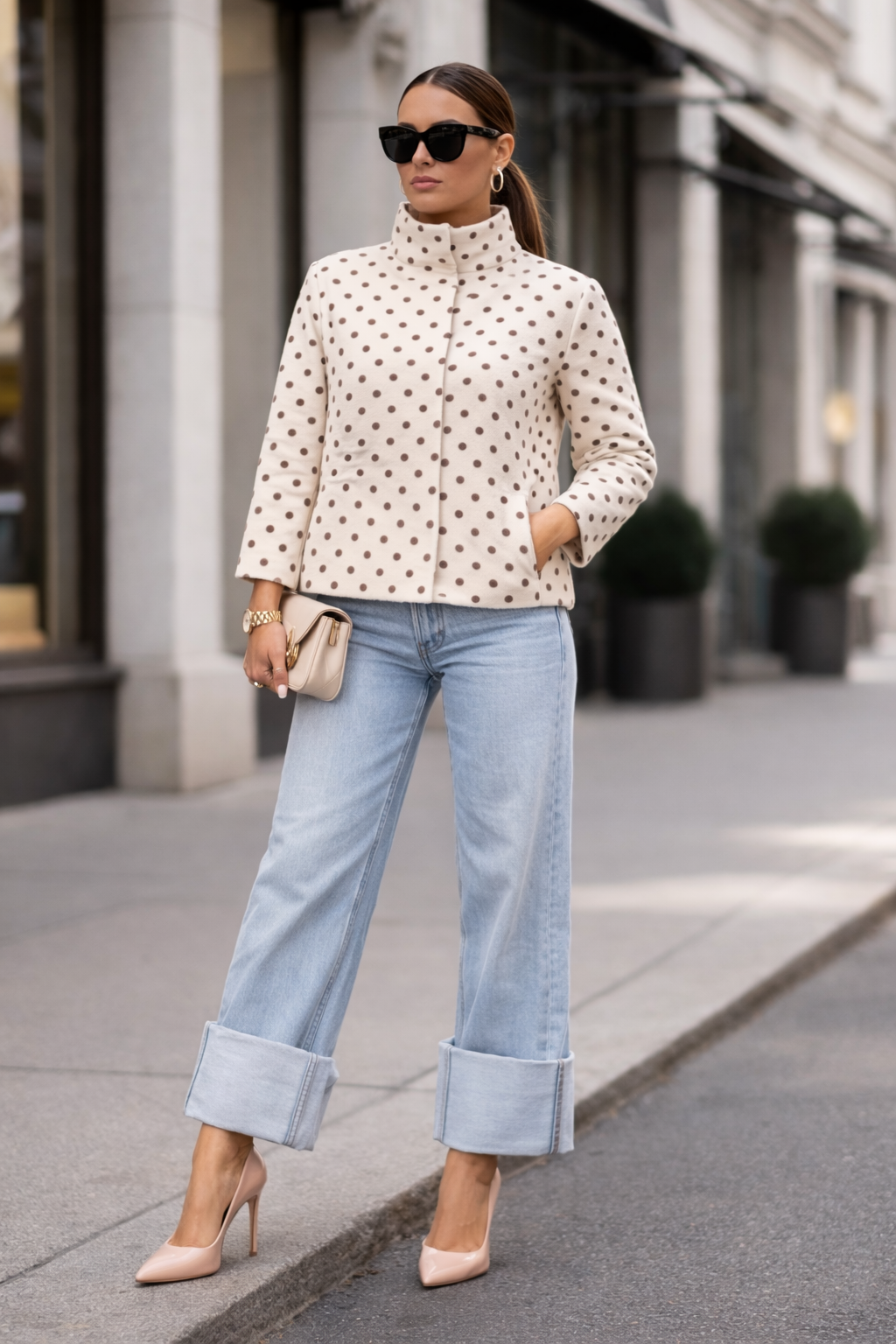 Lois - Polka Dot Funnel Neck Short Jacket