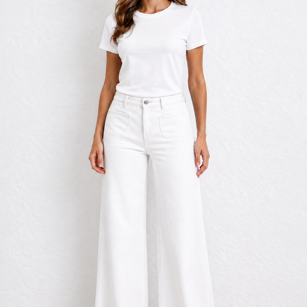 Toxik Wide Leg White Jeans – Women’s High Waist Patch Pocket Jeans (recommend to size down)