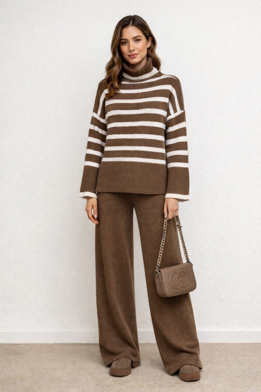 Striped Knit Co-Ord Set with Wide-Leg Trousers