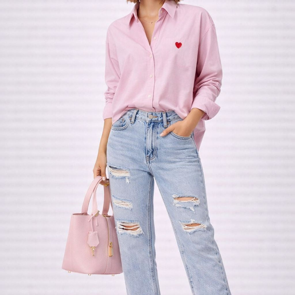 Relaxed Fit Pink Shirt with Red Heart