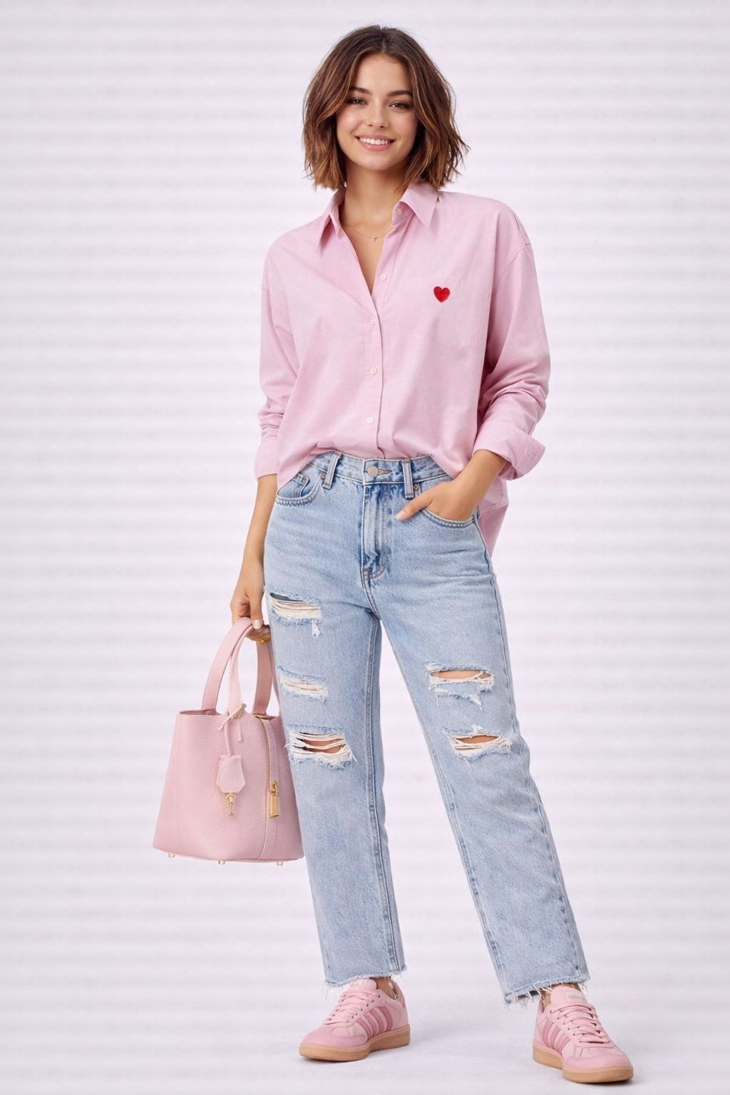 Relaxed Fit Pink Shirt with Red Heart