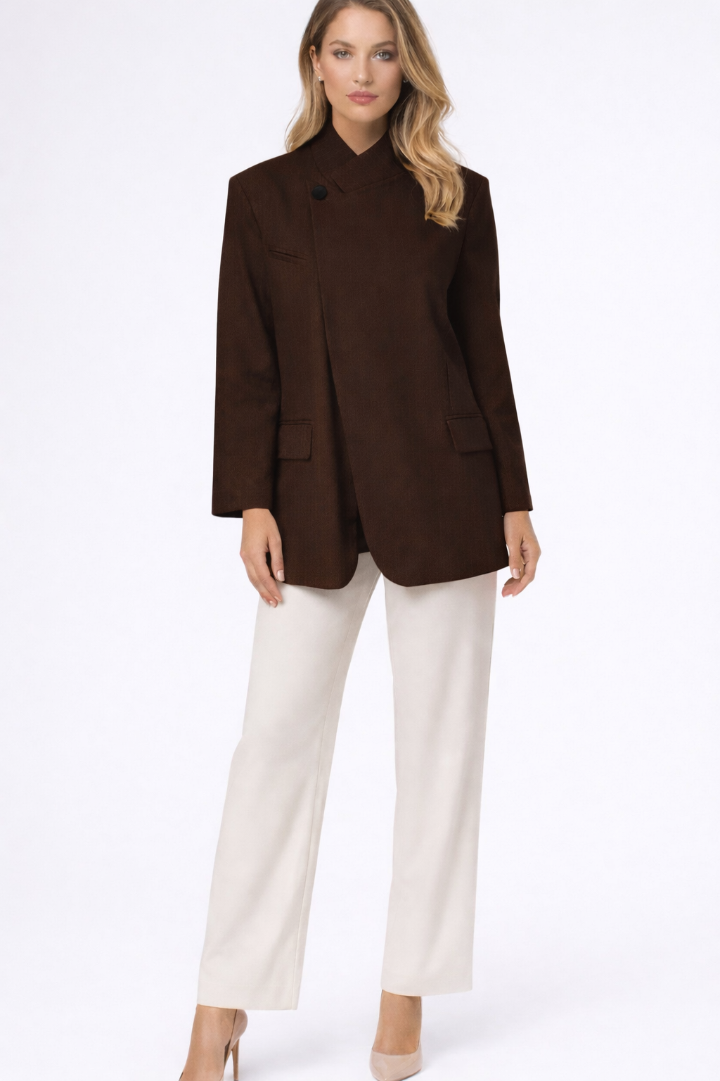Layla - Brown Funnel Neck Blazer