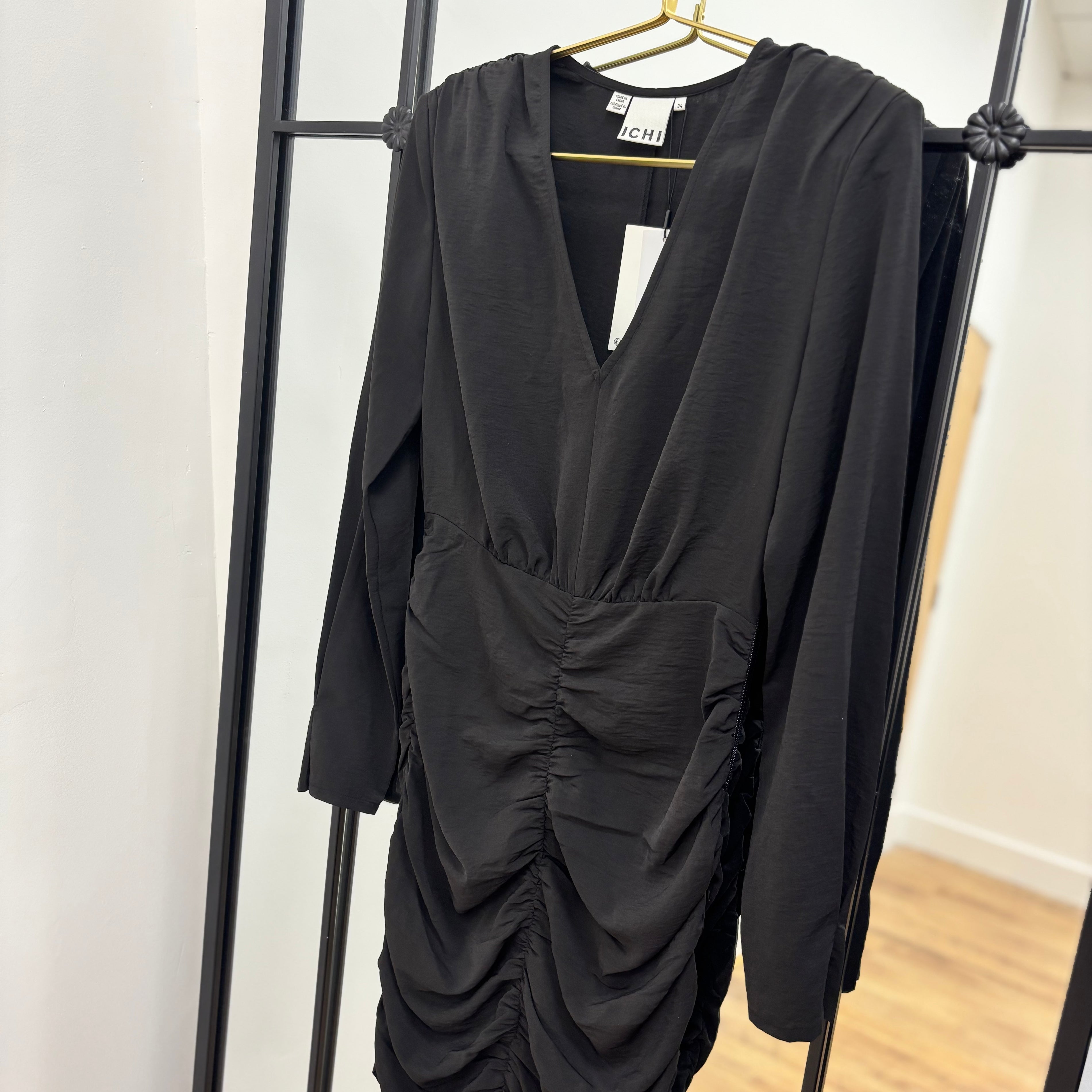 Rushed Black V Neck Dress