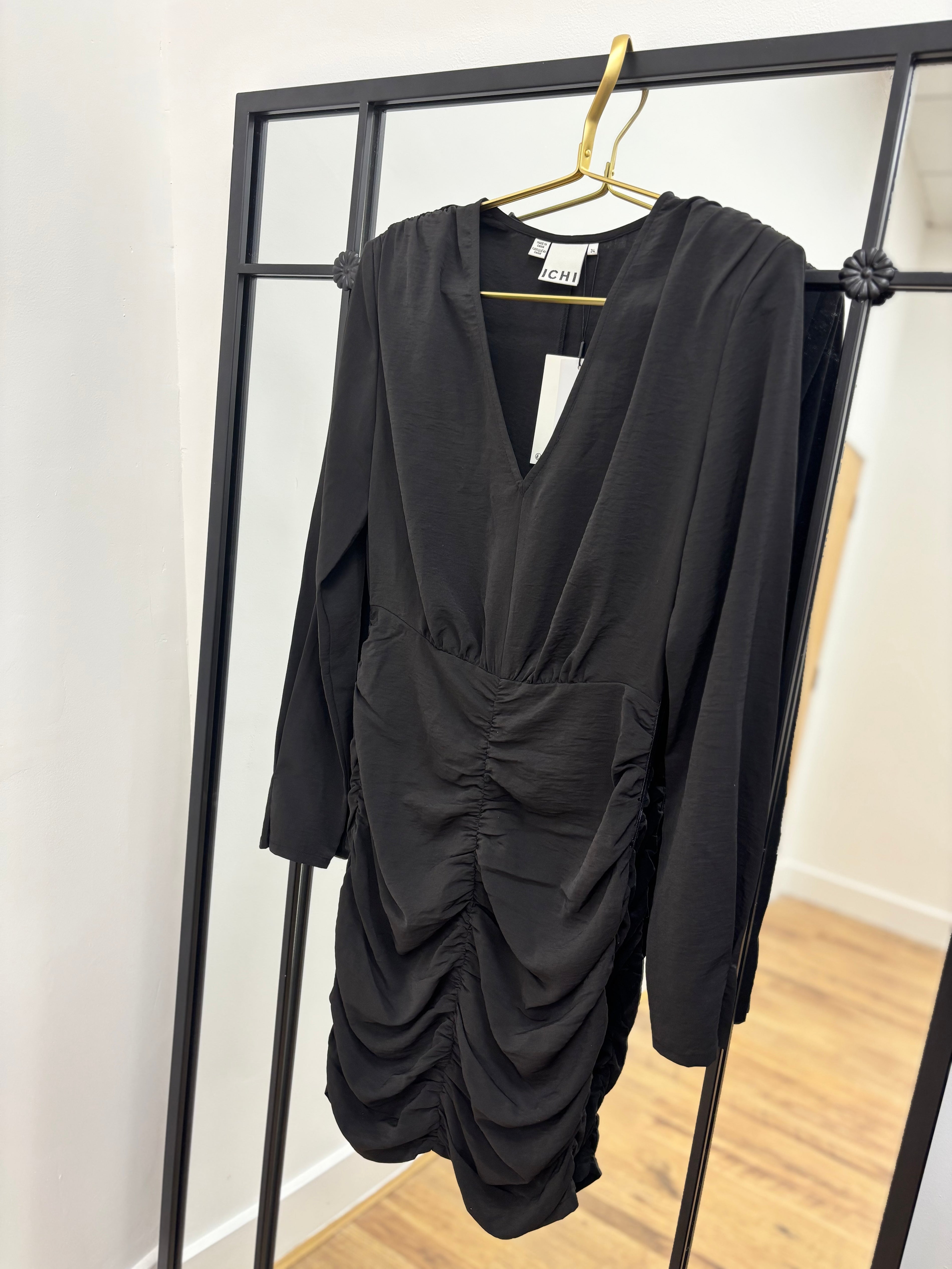 Rushed Black V Neck Dress